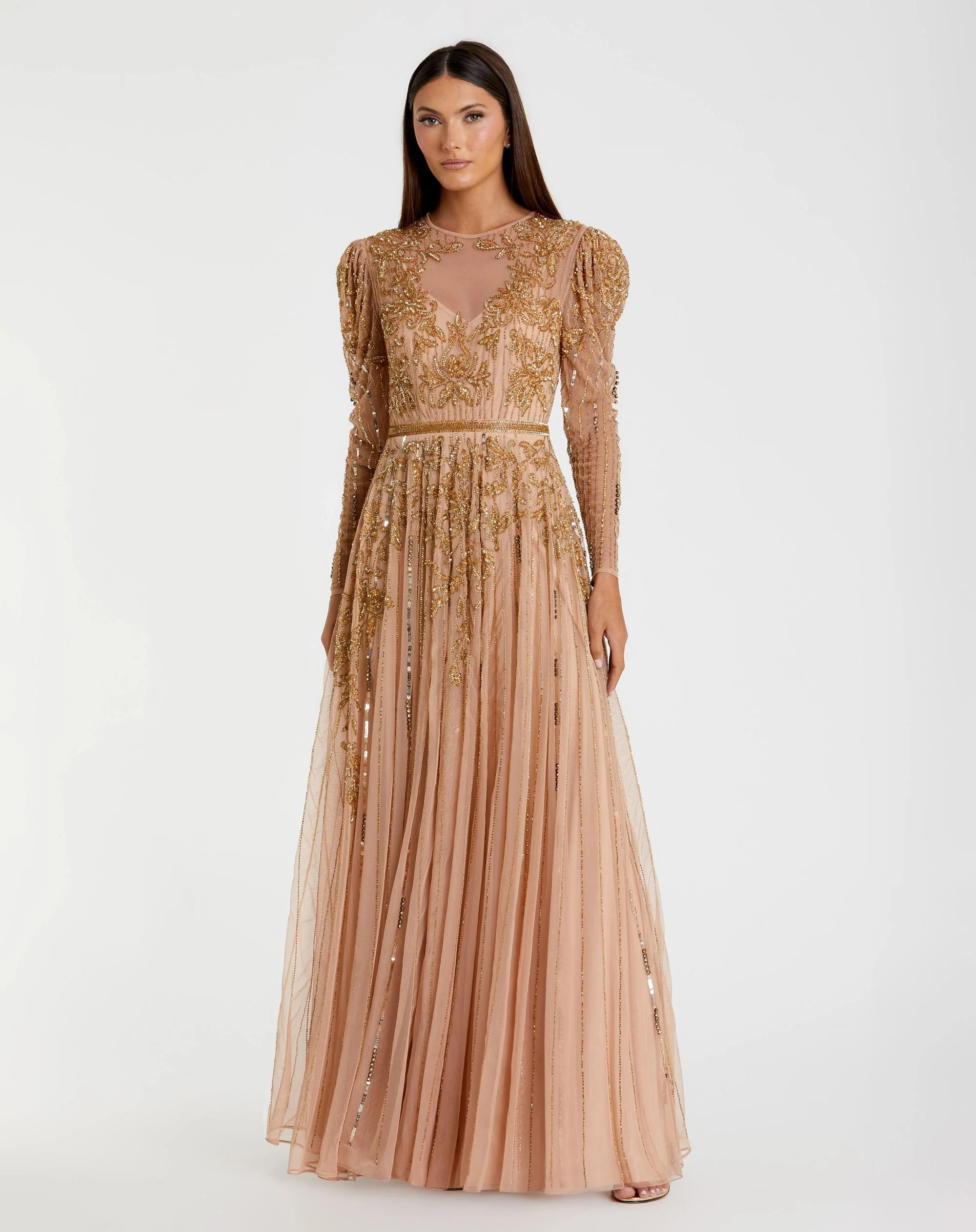 Beaded Illusion Puff Sleeve Gown