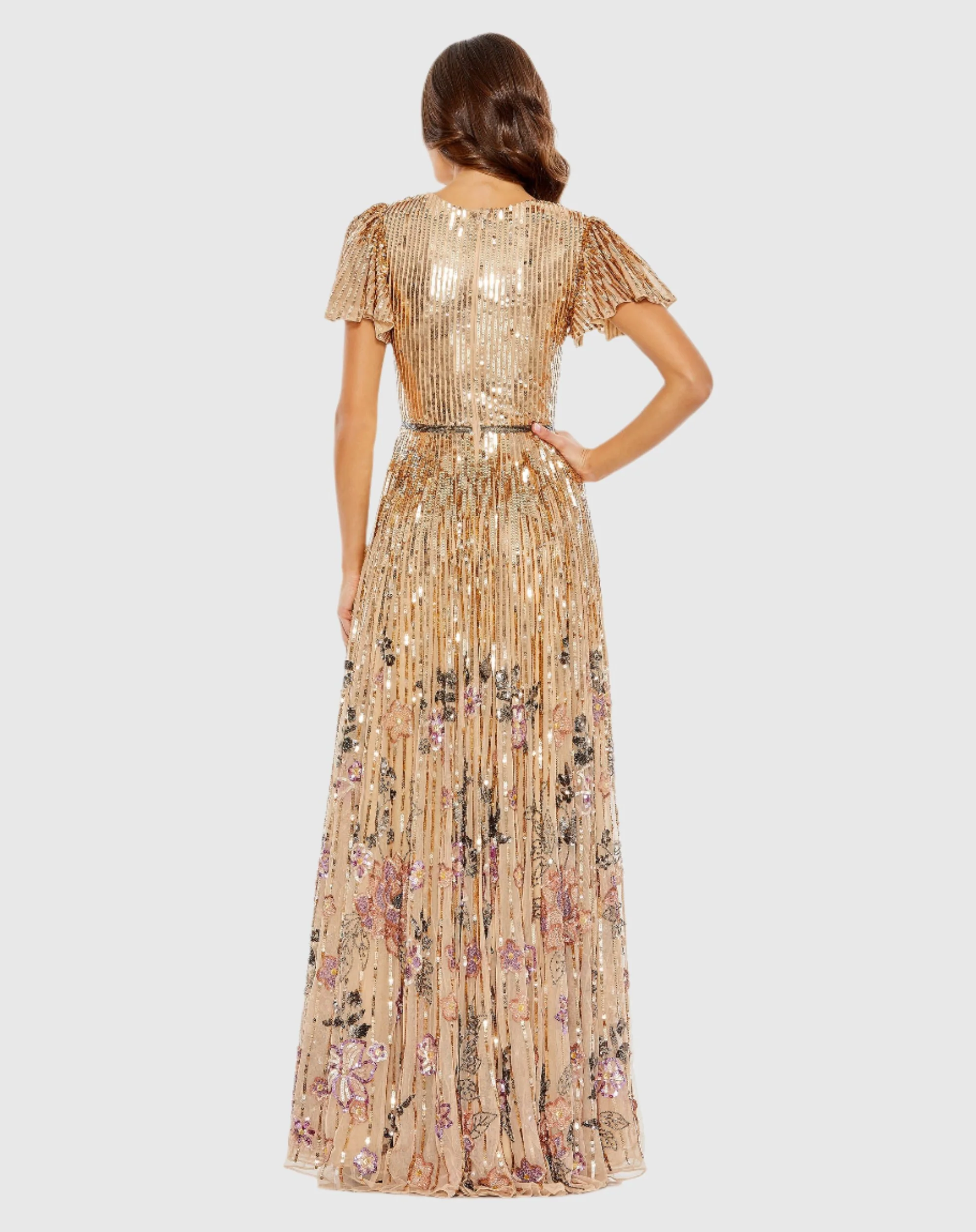 Gold Flounce Sleeve V Neck Gown