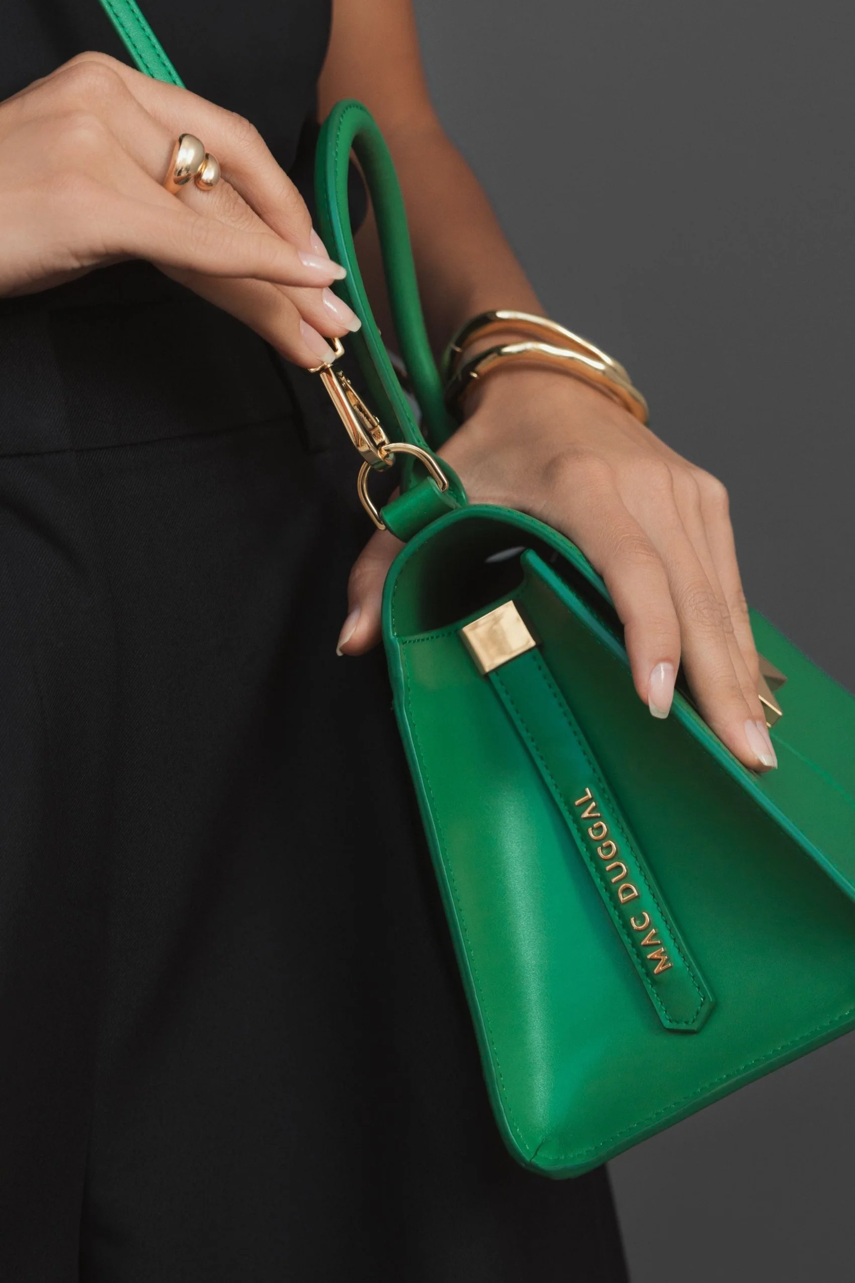 Angular Small Green Leather Handbag With Gold Hardware