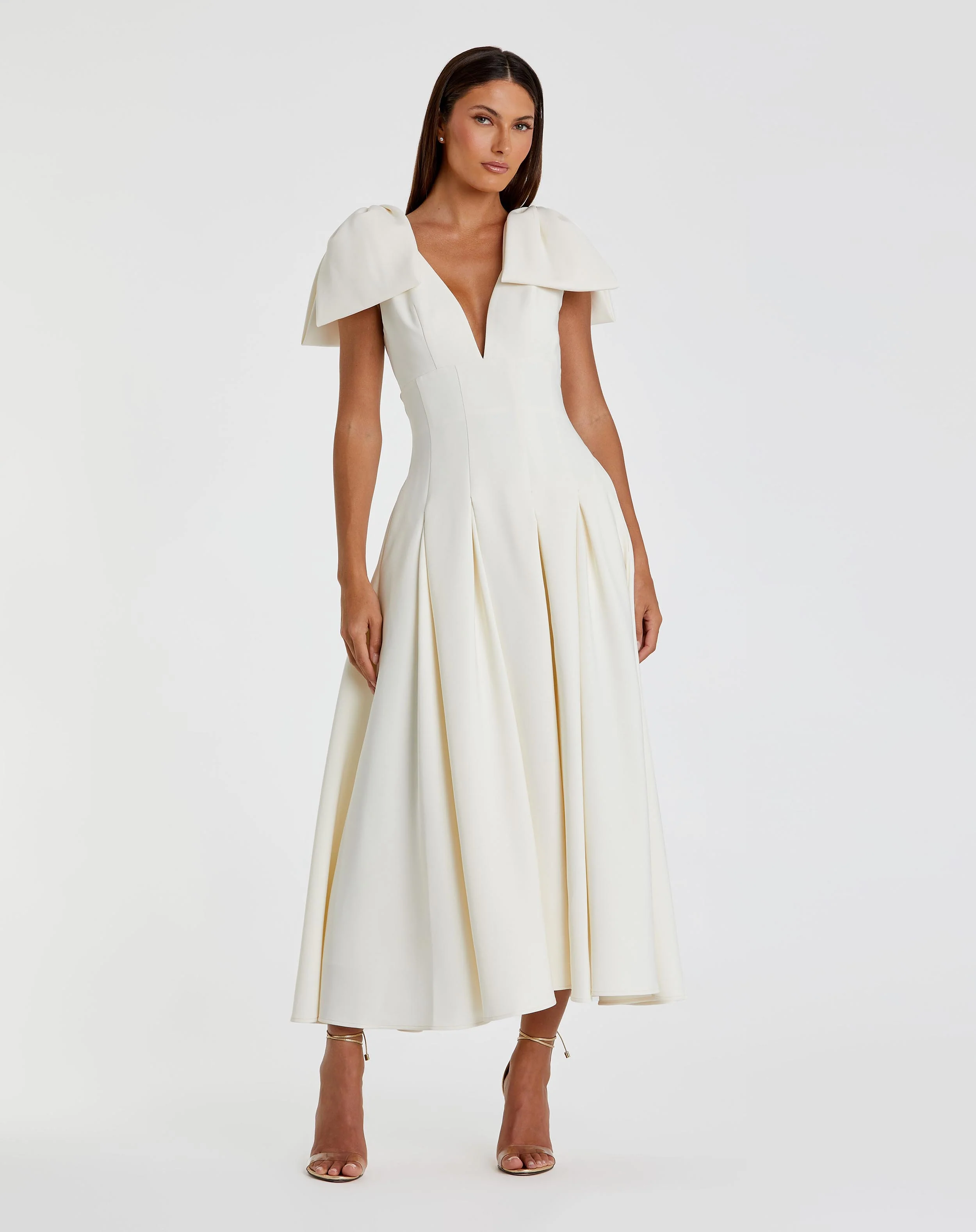 Crepe A Line Midi Dress With Bow Straps