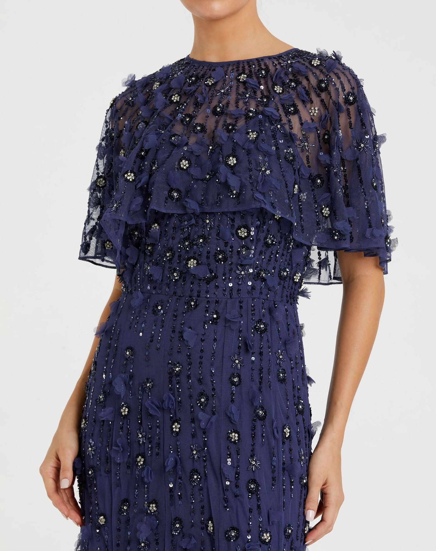Navy Embellished Illusion Cape Sleeve Trumpet Gown