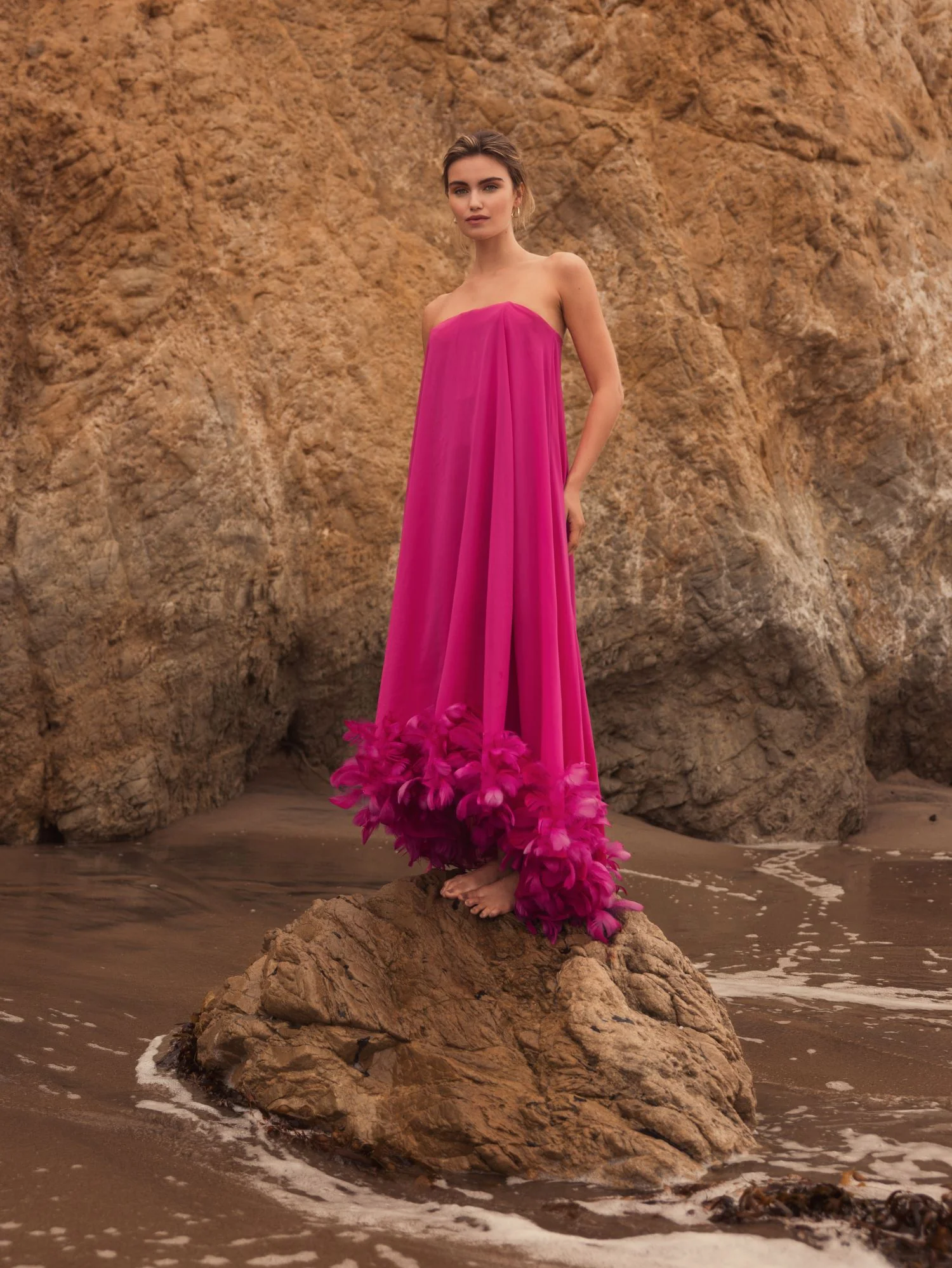 Pink Strapless Flare Feather Hem Gown