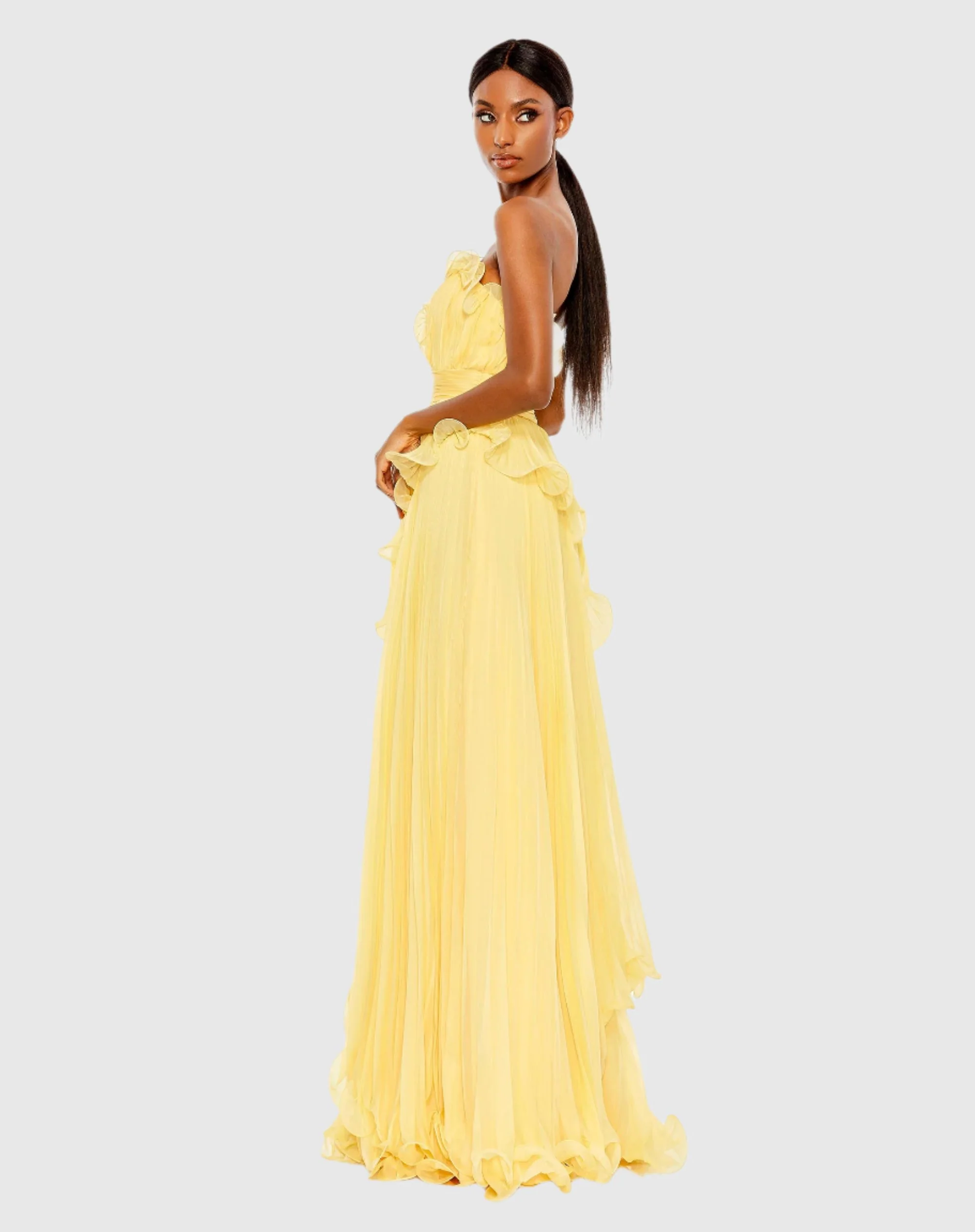 Yellow Pleated Tiered Ruffled Strapless Gown