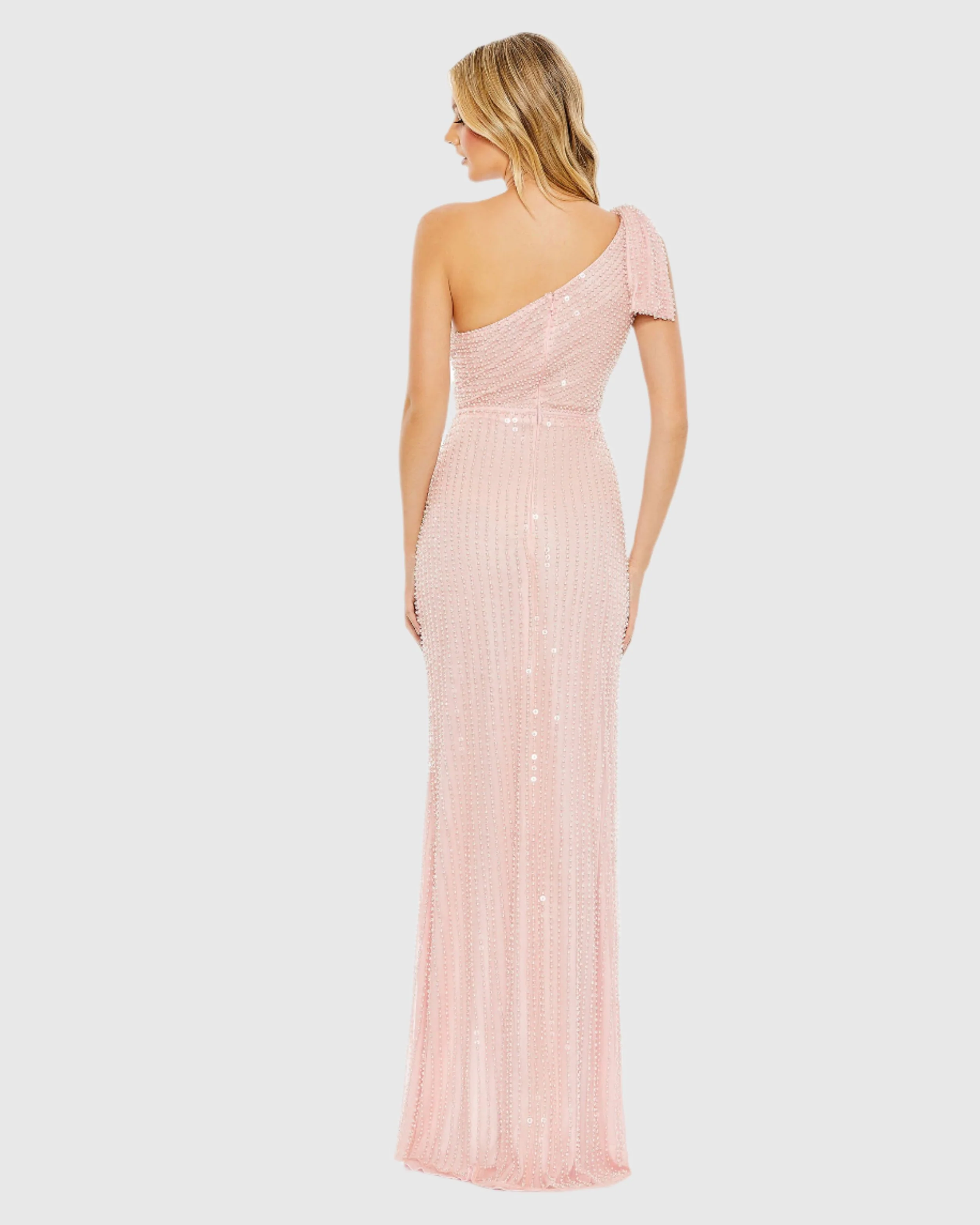Pink Pearl Embellished Soft Tie One Shoulder Gown