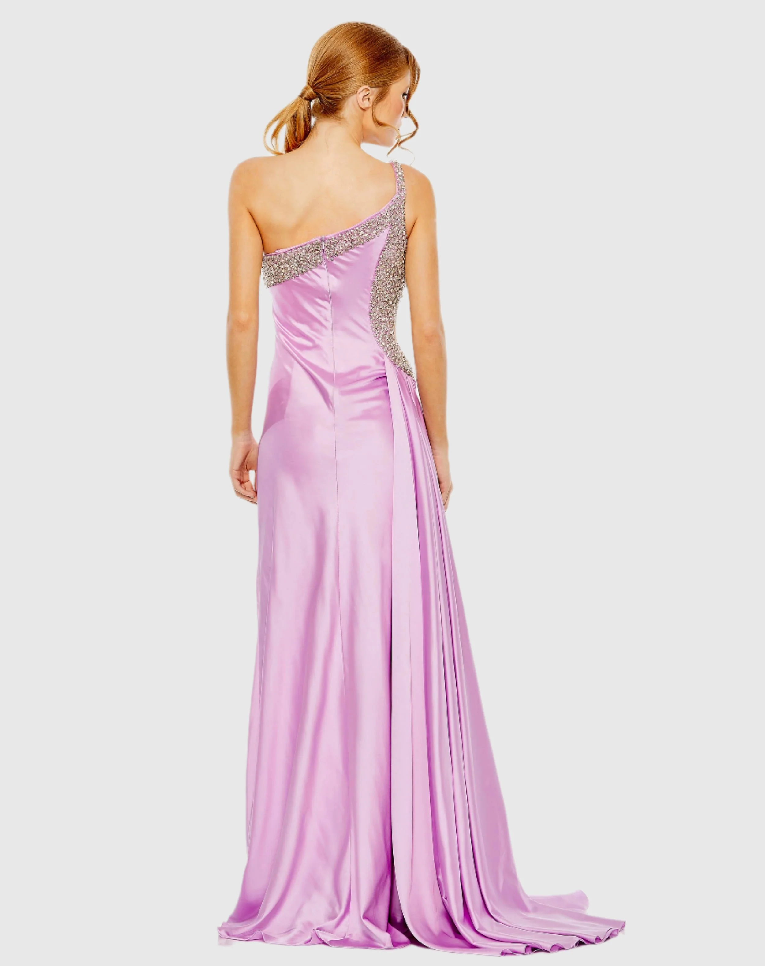 Ruched One Shoulder Side Cutout Embellished Satin Gown
