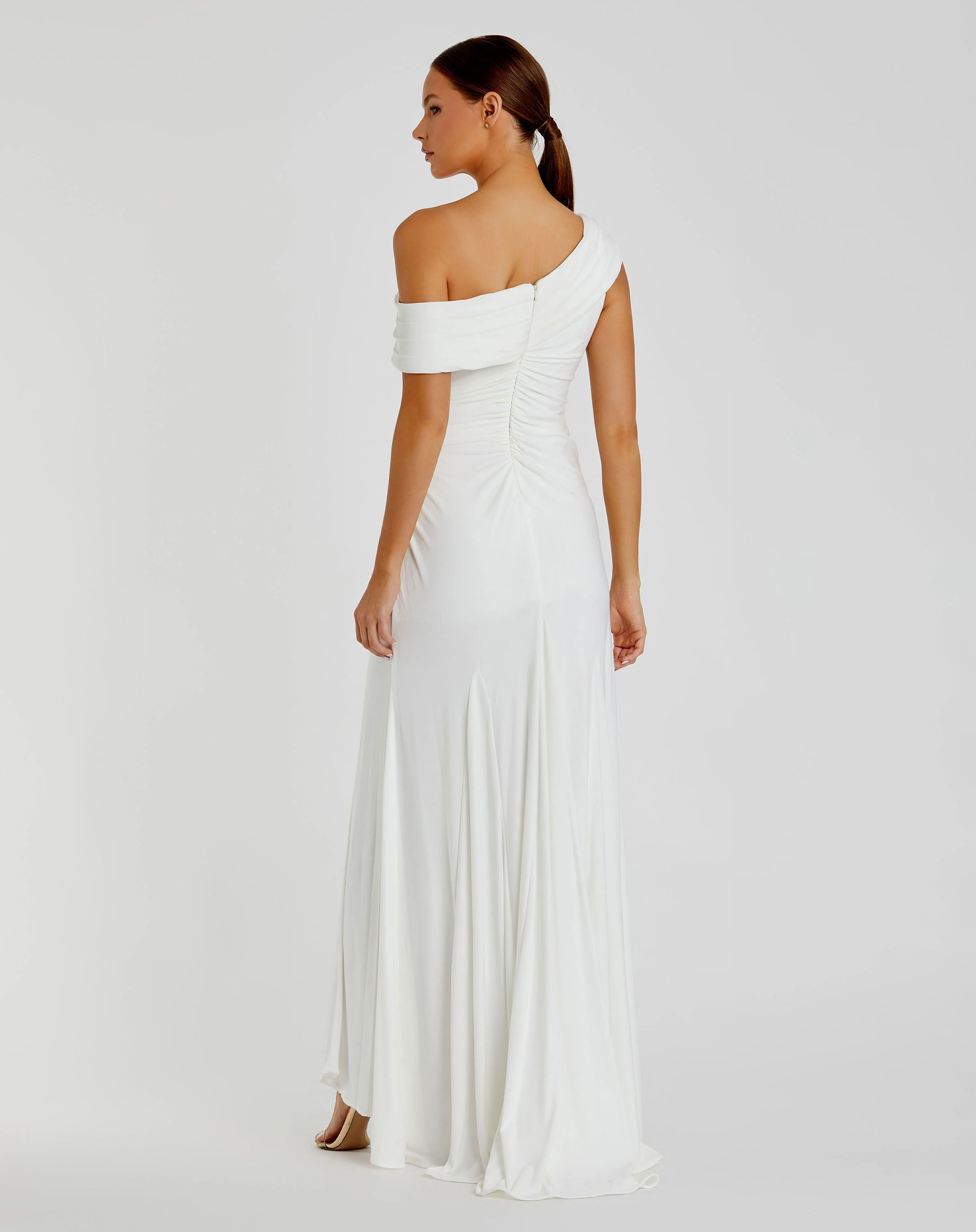 White Foldover Off-the-Shoulder Slit Gown