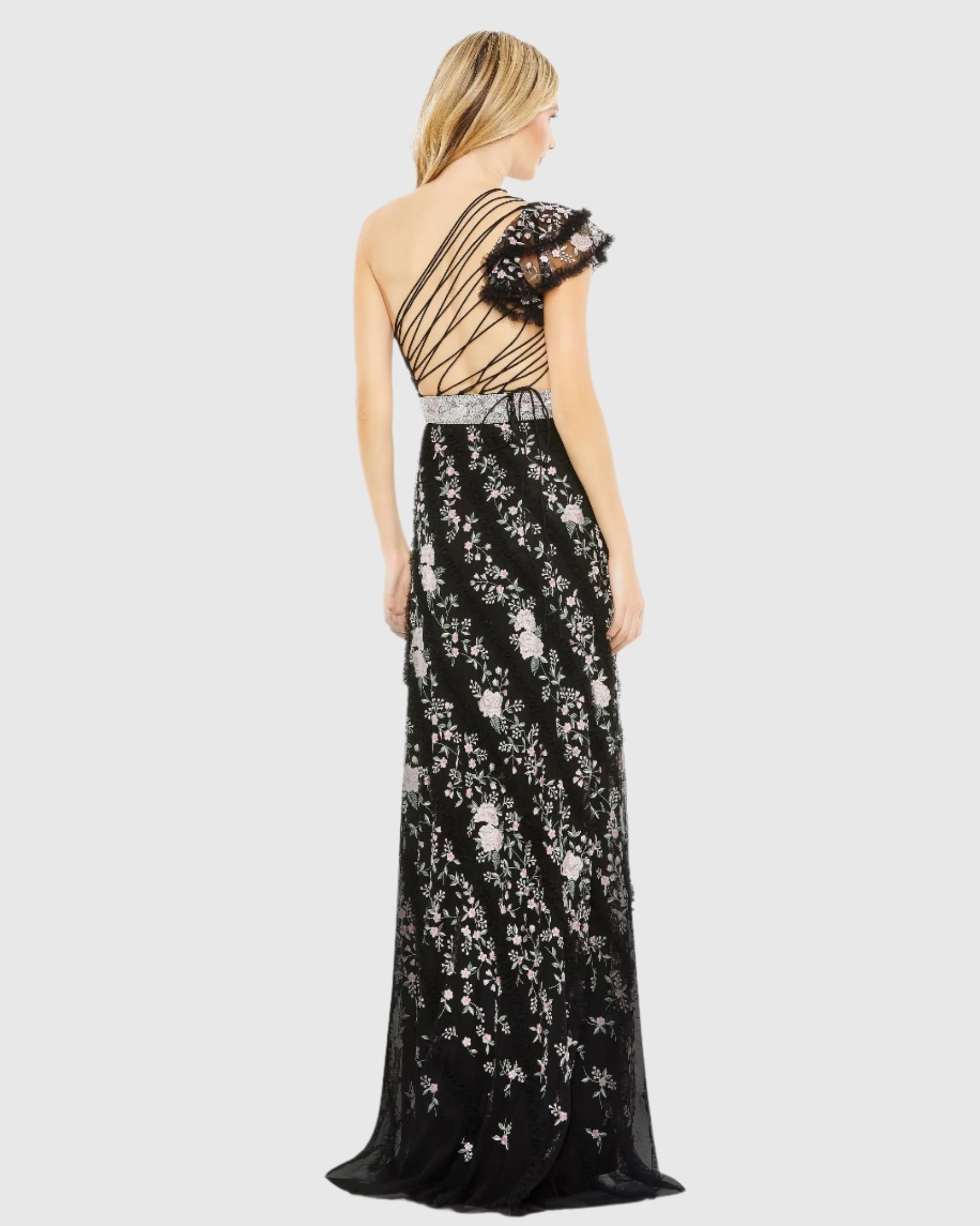 Black Multicolor Embroidered Ruffled One Shoulder Lace Up Gown