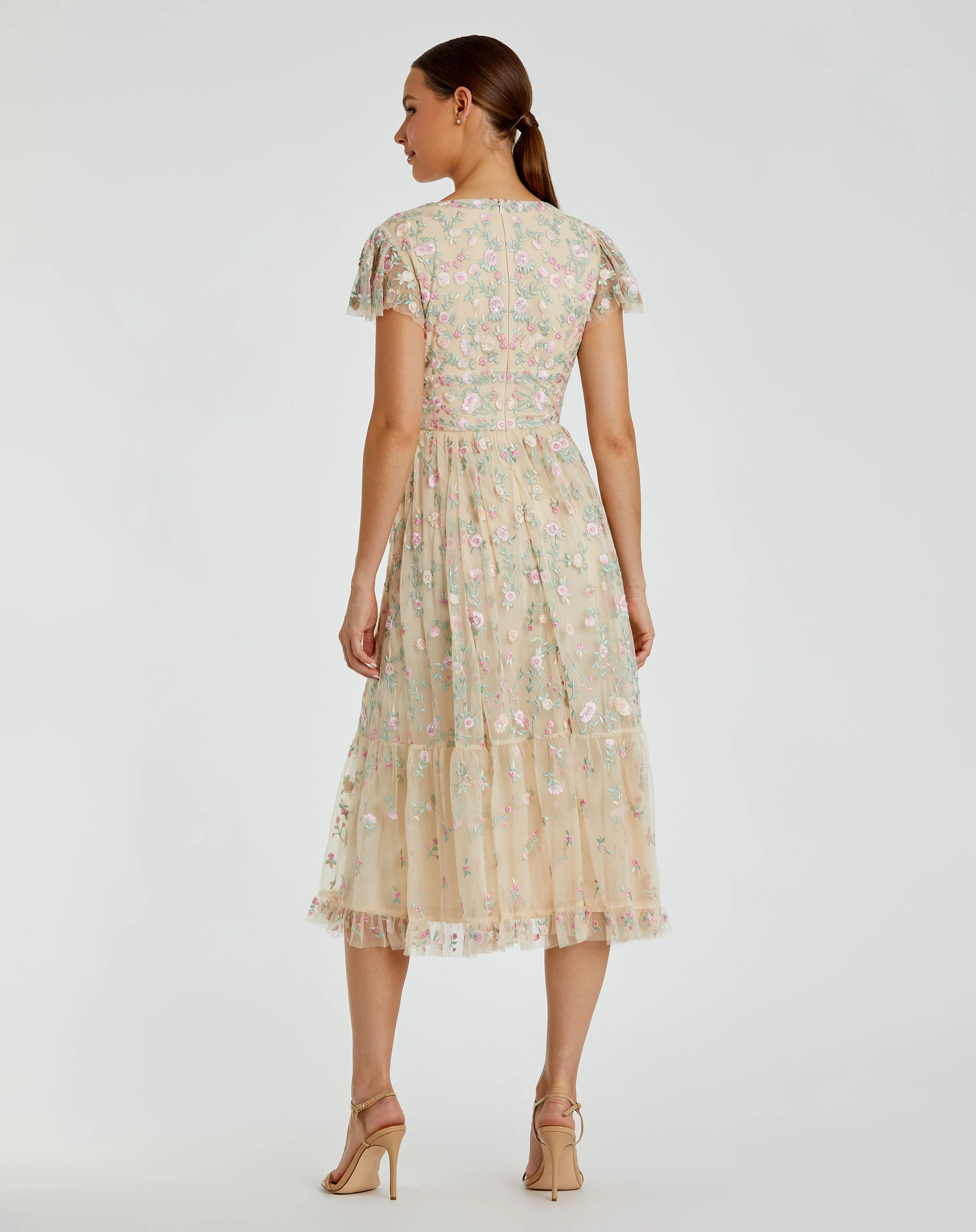 Beige Multicolor Embroidered V Neck Cap Sleeve Midi Dress