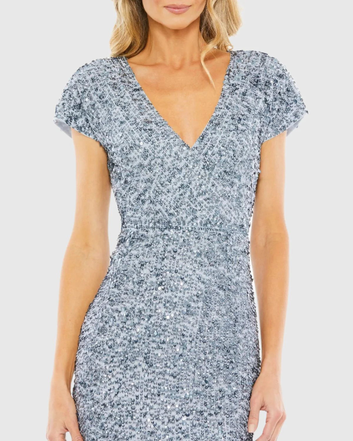 Blue Sequined Short Sleeve Wrap Over Cocktail Dress