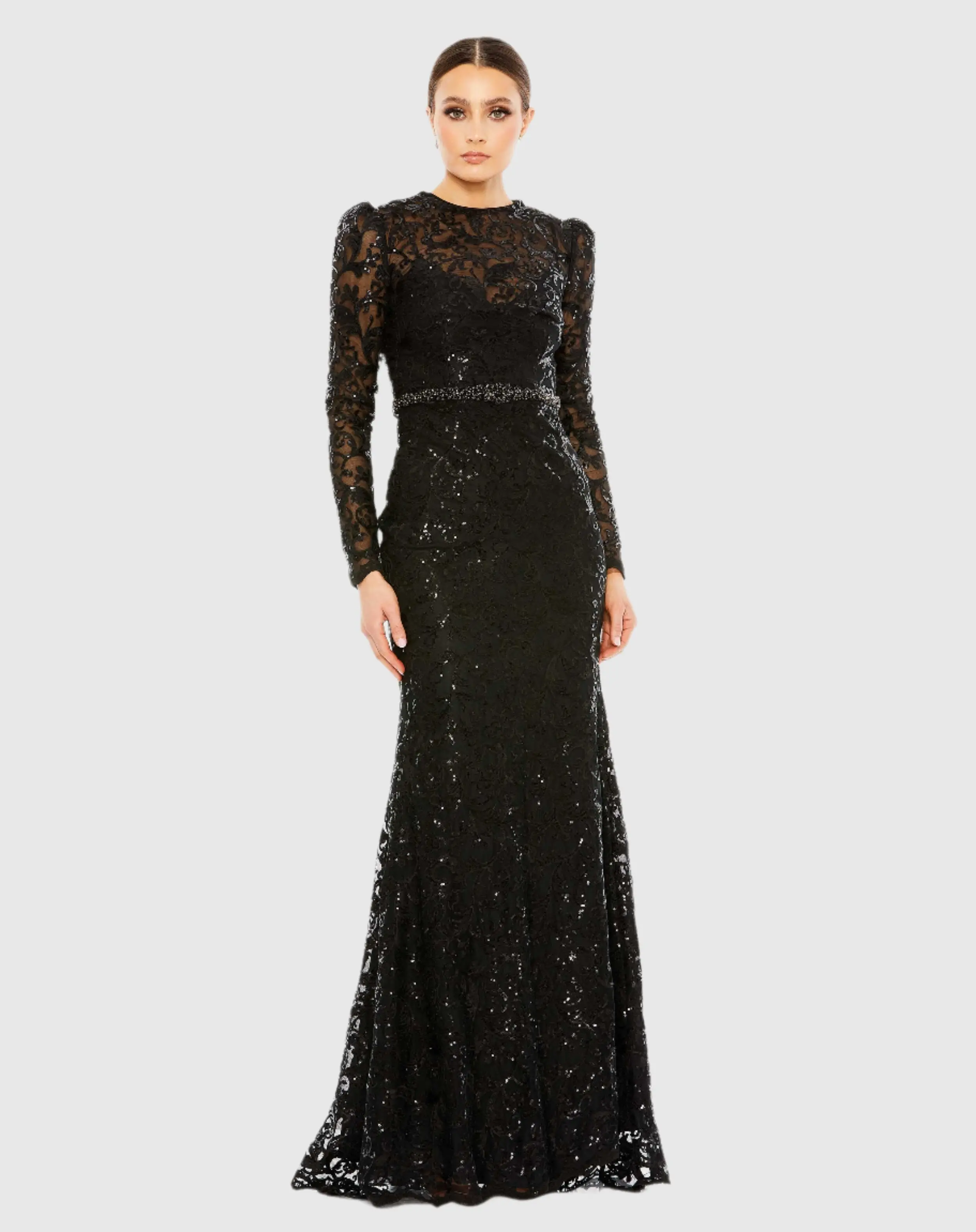 Black Embellished High Neck Long Sleeve Gown