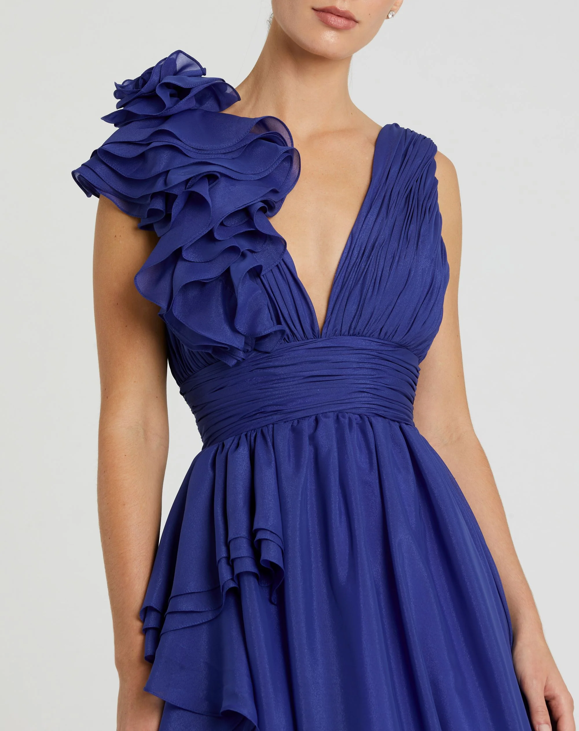 Dark Blue Ruffle Shoulder V-Neck Chiffon Gown