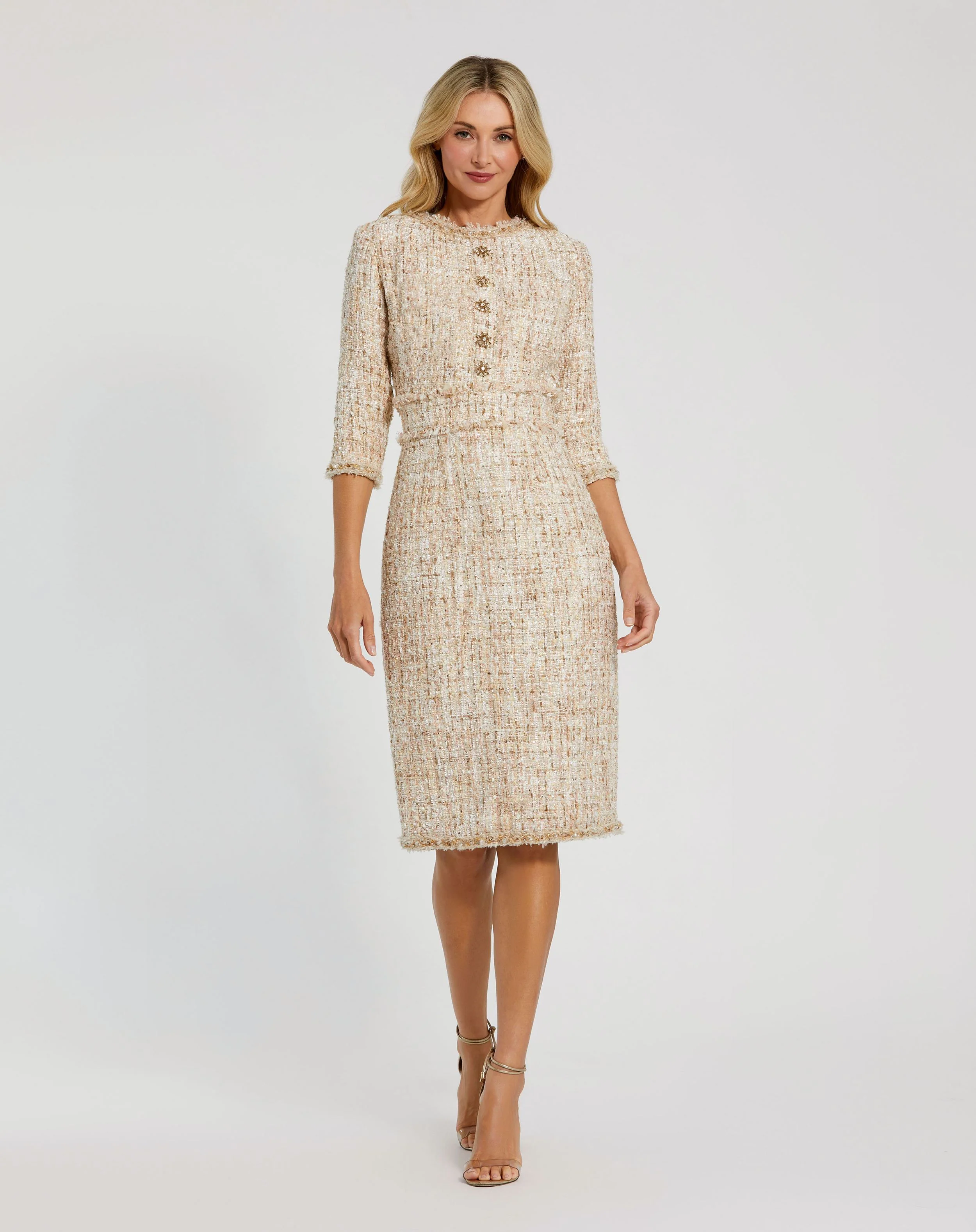 Beige 3/4 Sleeve Beaded Trim Patch Pocket Tweed Midi Dress