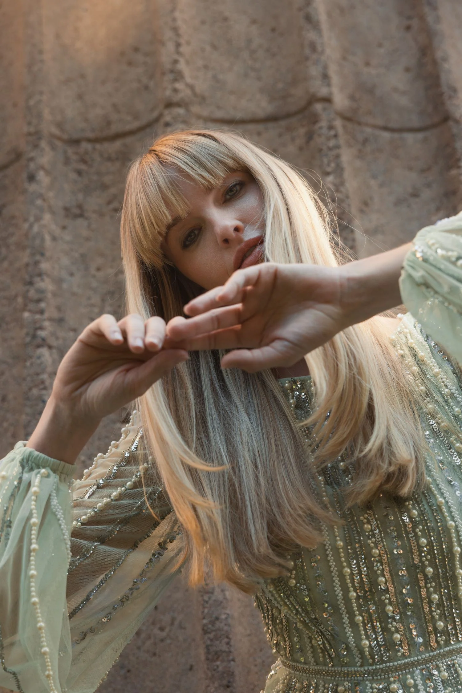 Green Boat Neck Long Sleeve Gown With Striped Beading