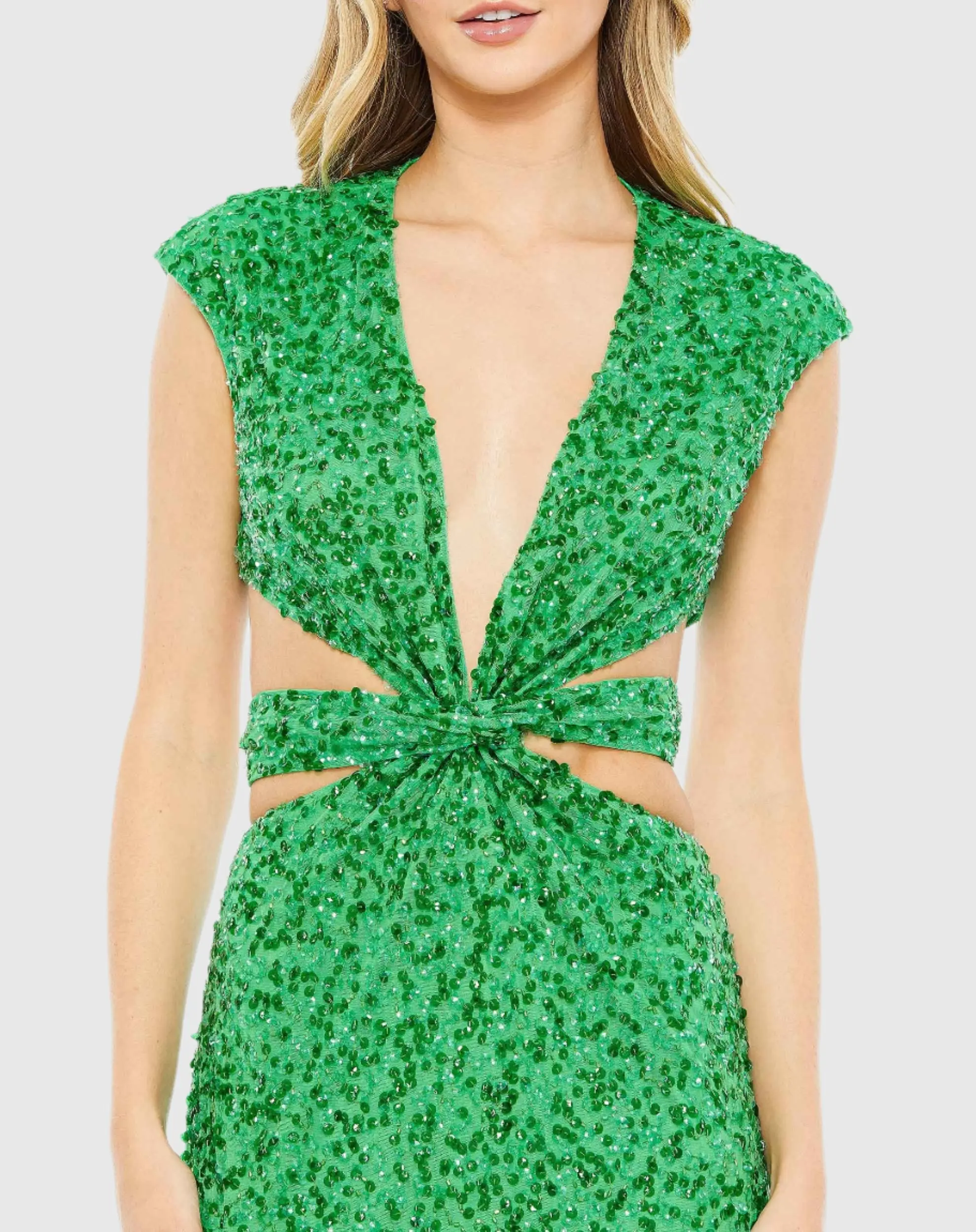 Green Sequined Cap Sleeve Plunge Neck Cut Out Gown