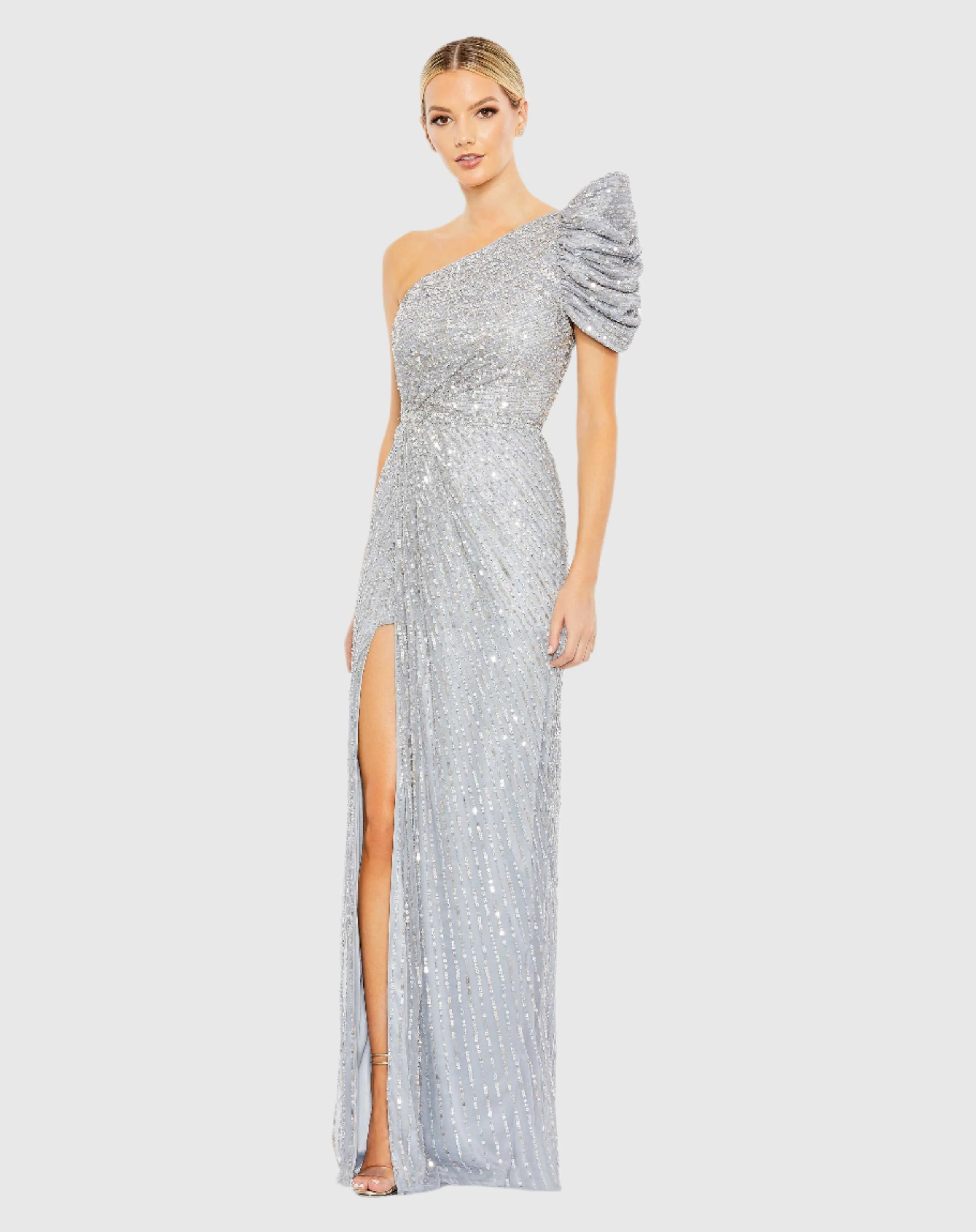 Silver Embellished Puff One Shoulder Gown