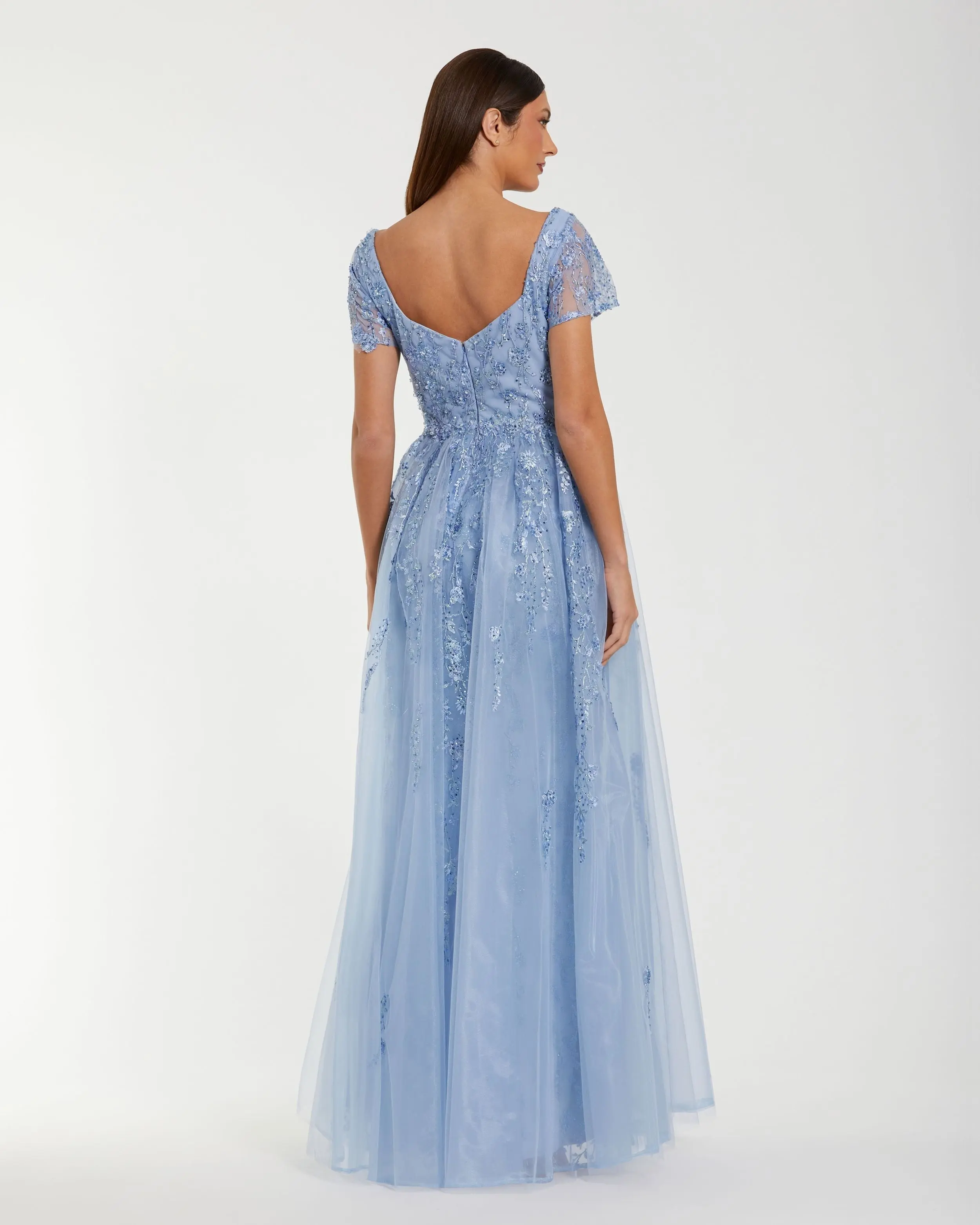 Blue Cap Sleeve Beaded Embroidered Overskirt Gown