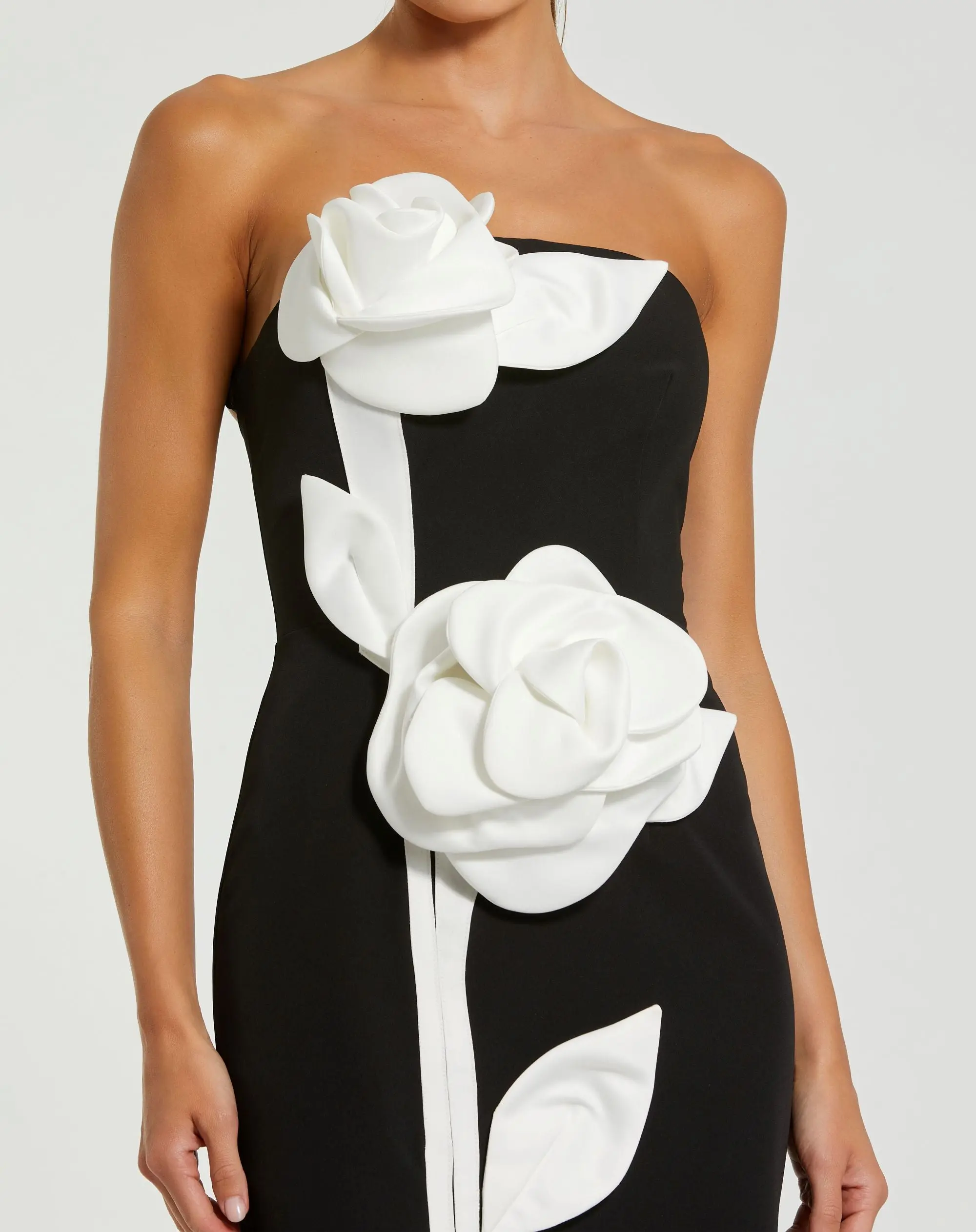 Black Strapless Crepe Ankle Dress With 3D Satin Flowers