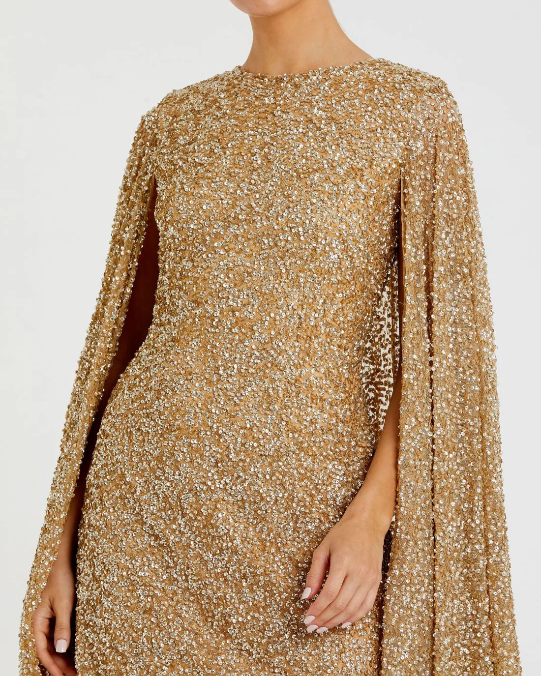 Gold Sequined Cape Sleeve Mini Dress