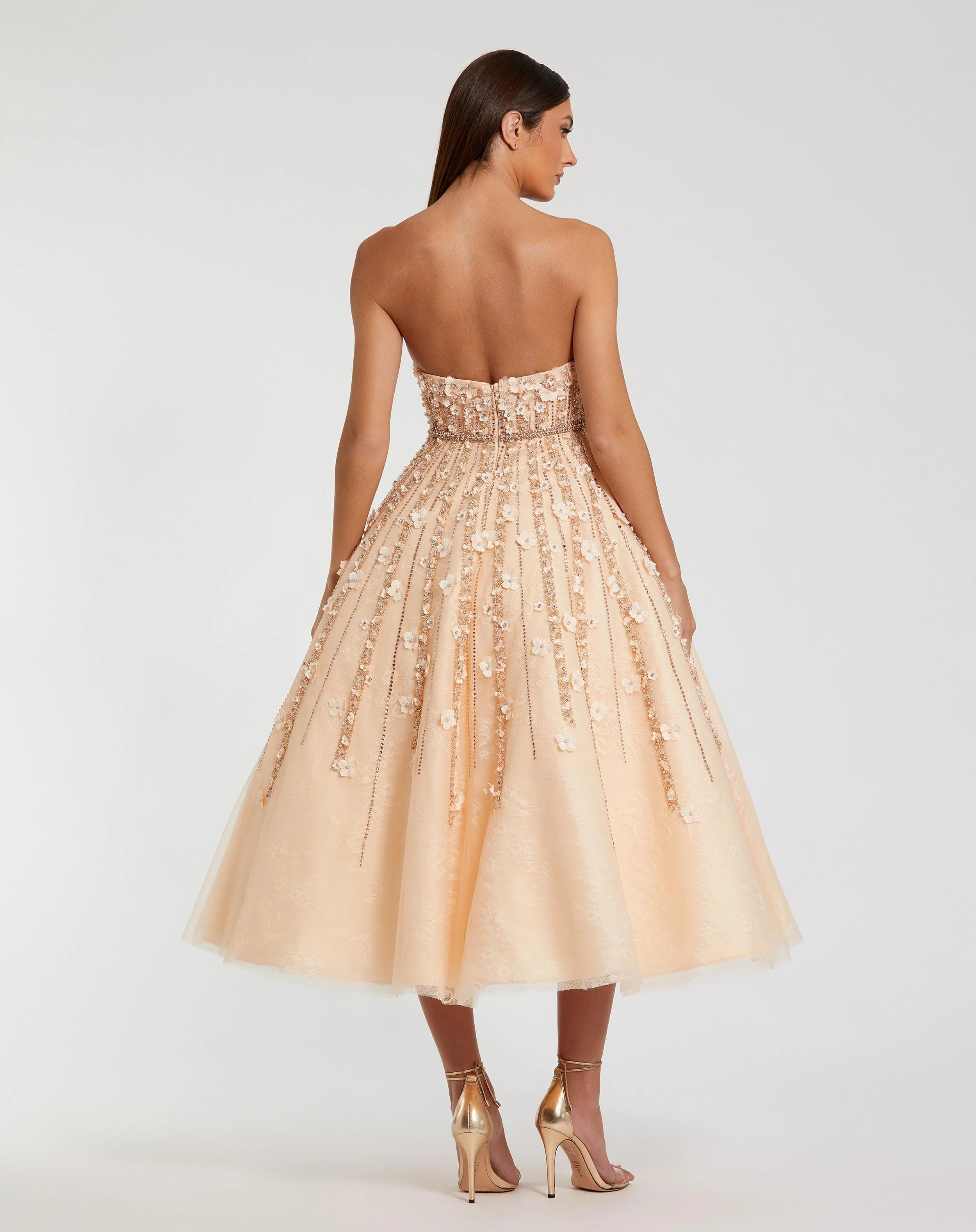 Pink Embellished Lace Strapless Midi A Line Dress