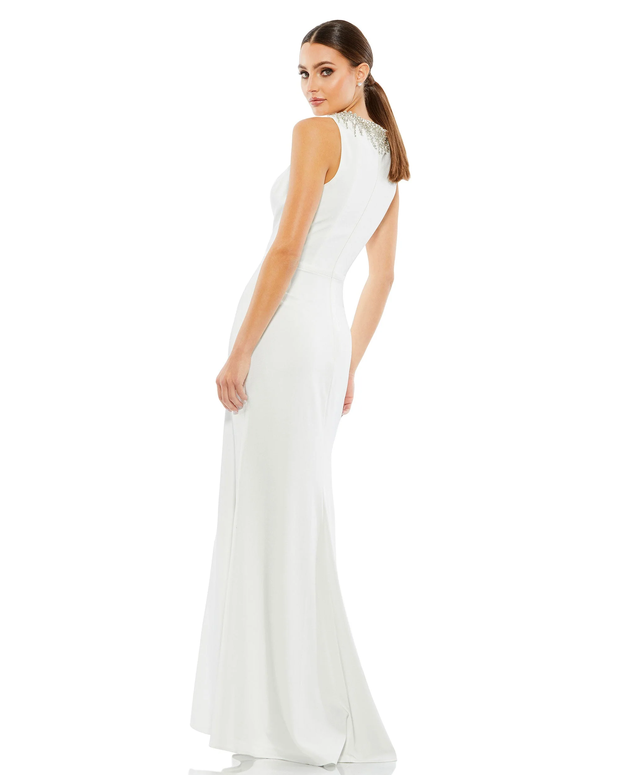 White Sleeveless Rhinestone Collar Column Gown