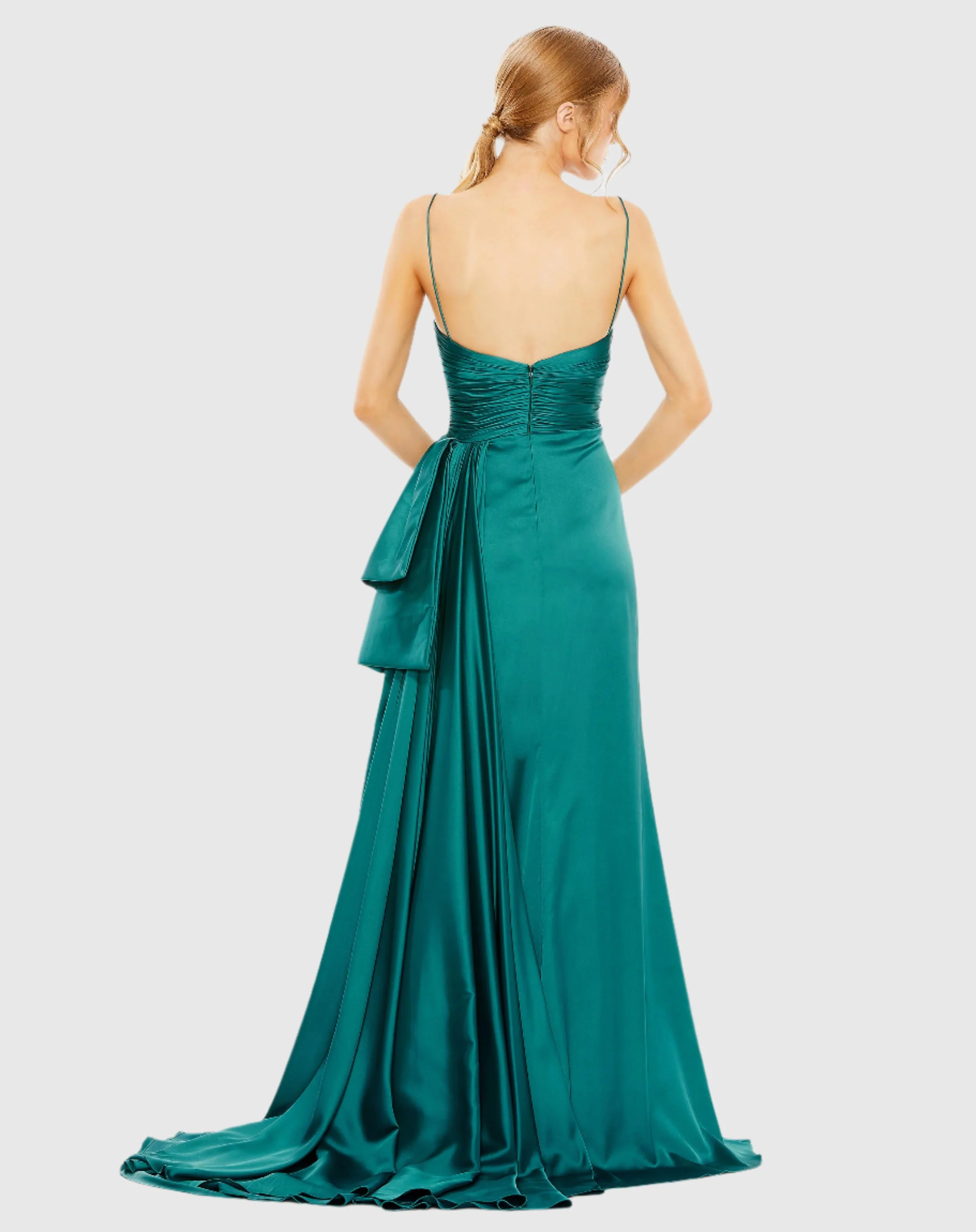 Green Spaghetti Strap Cut Out Side Bow Gown