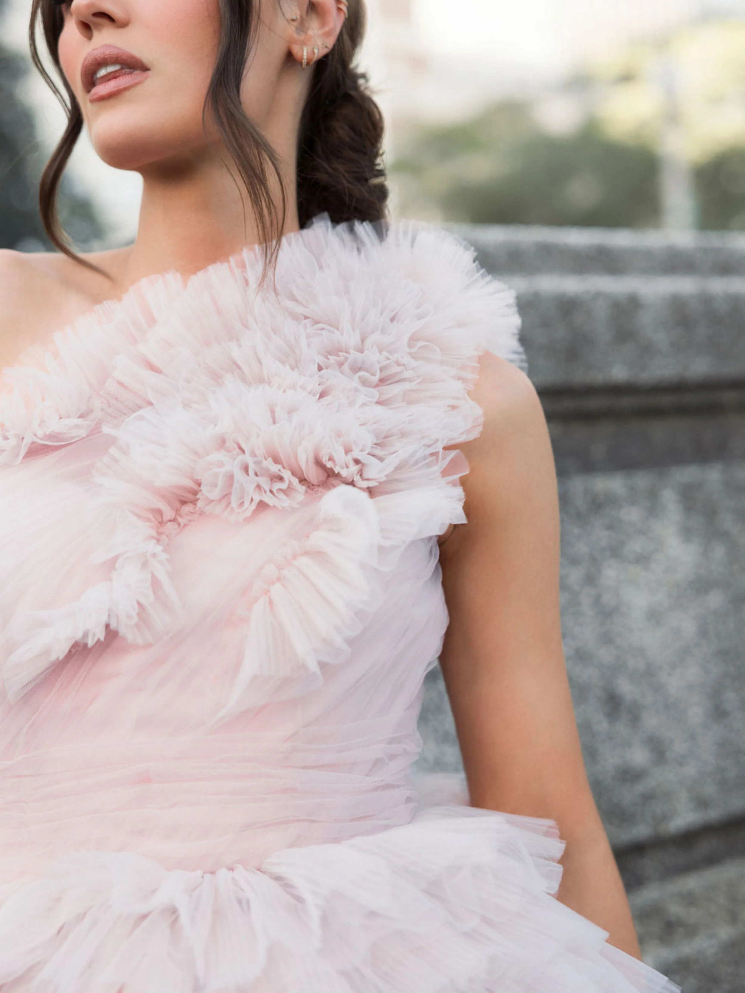 Pink Tulle Ruffle One Shoulder Mini Dress