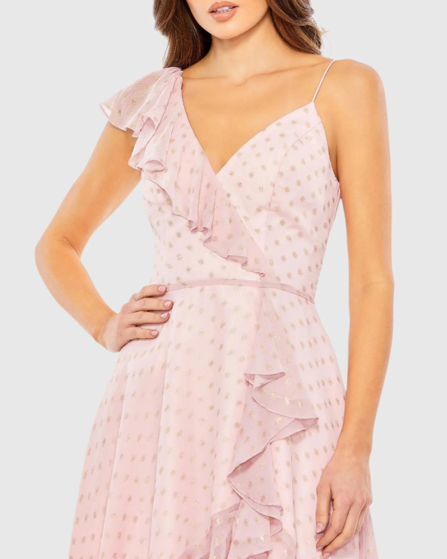 Pink Ruffled Faux Wrap Polka Dot Midi Dress