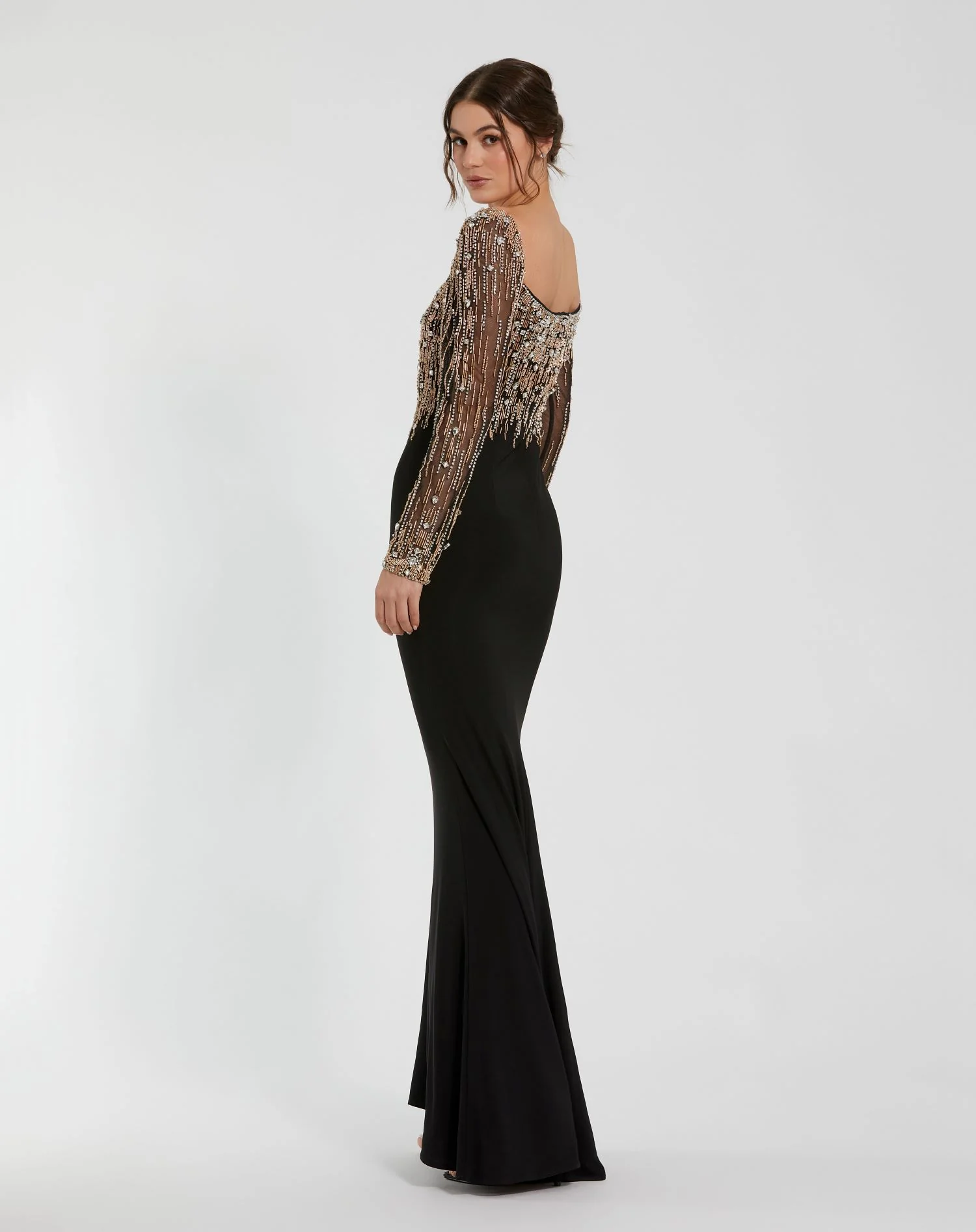 Black Beaded Square Neck Long Sleeve Jersey Gown