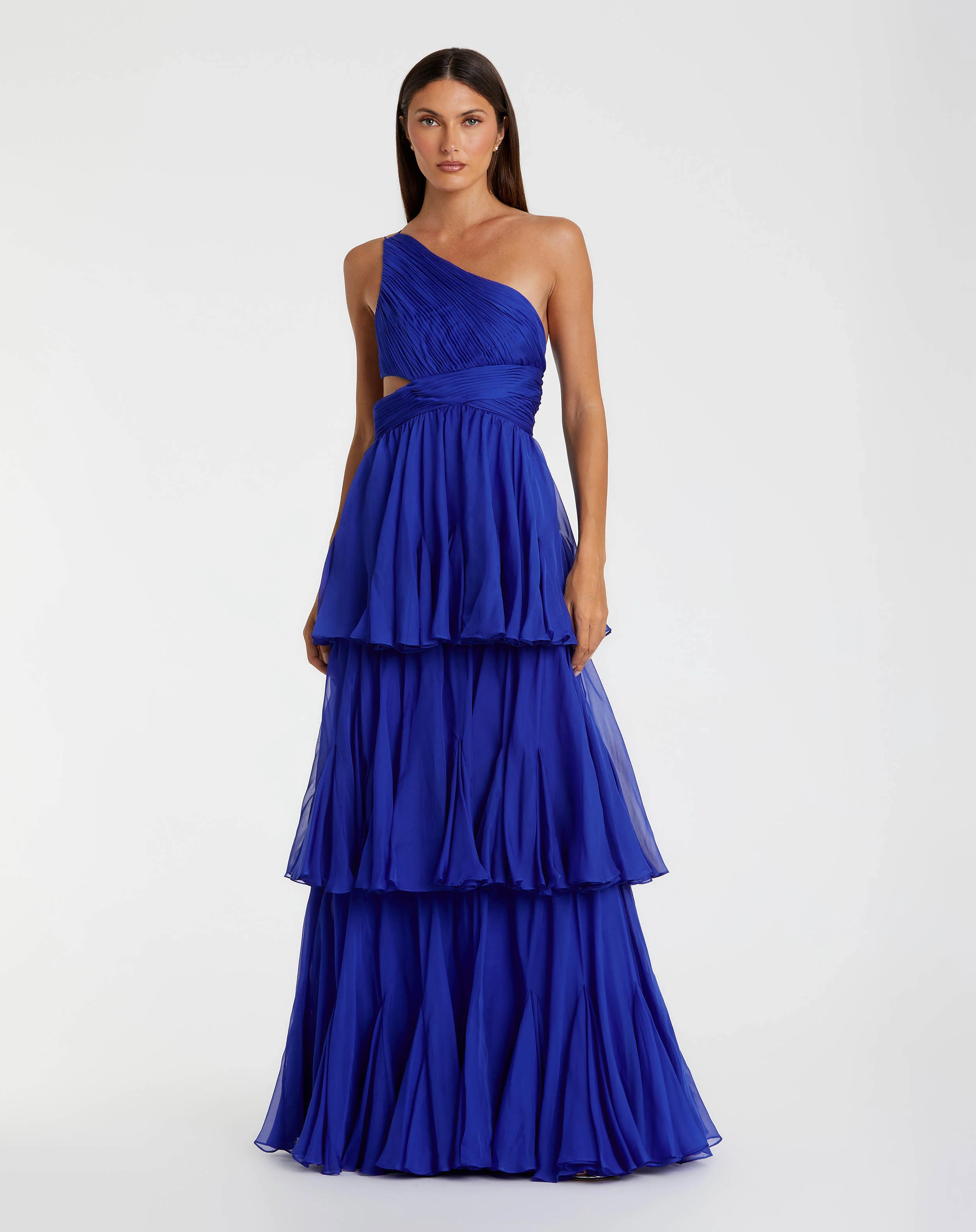 Blue One Shoulder Tiered Chiffon Gown