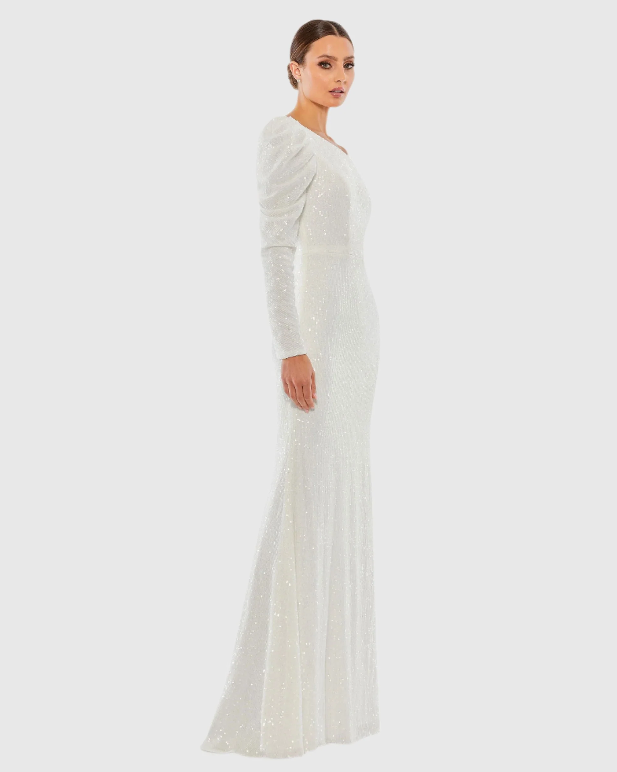 White Sequined One Shoulder Trumpet Gown