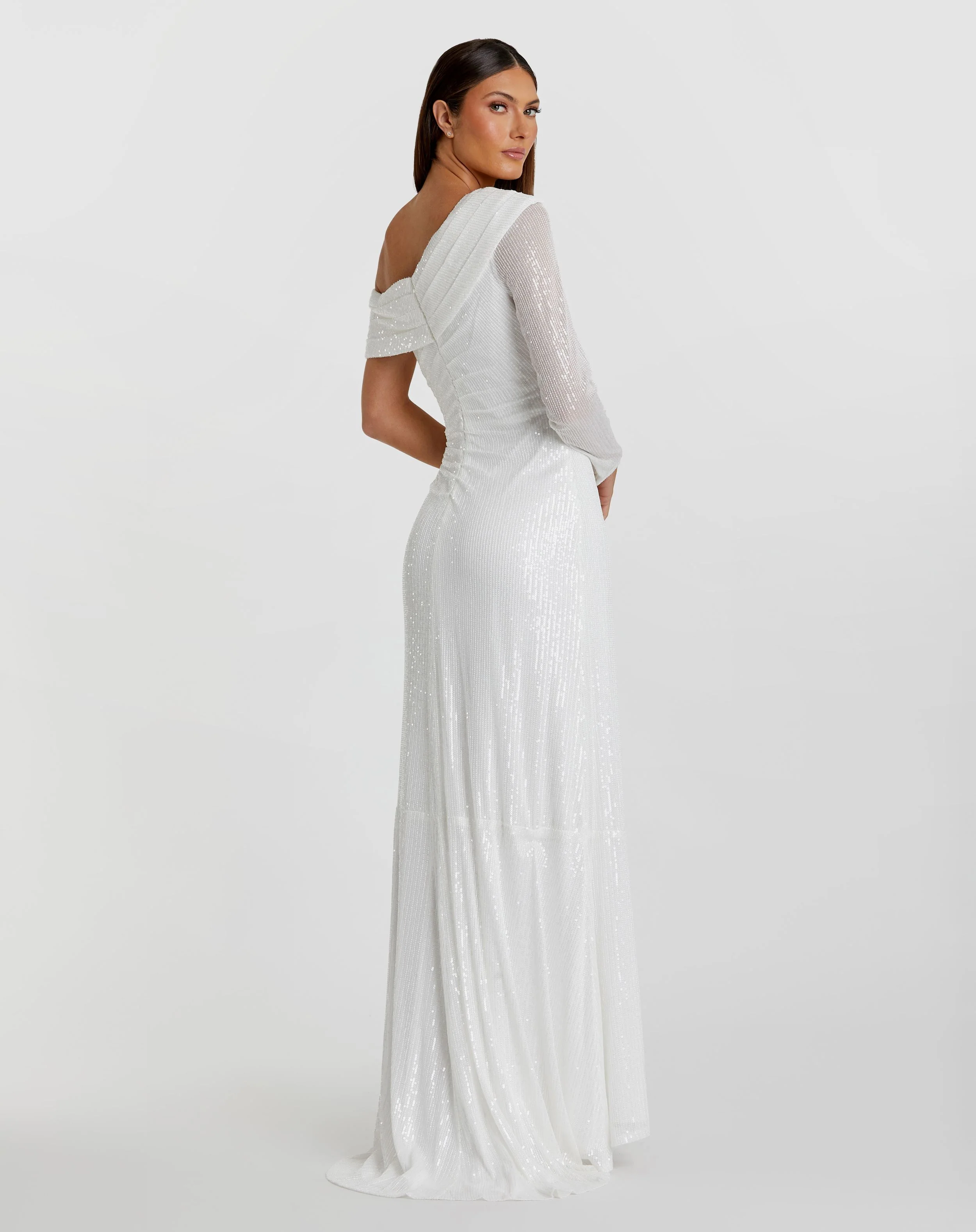 White Sequined Drop Shoulder Faux Wrap Gown