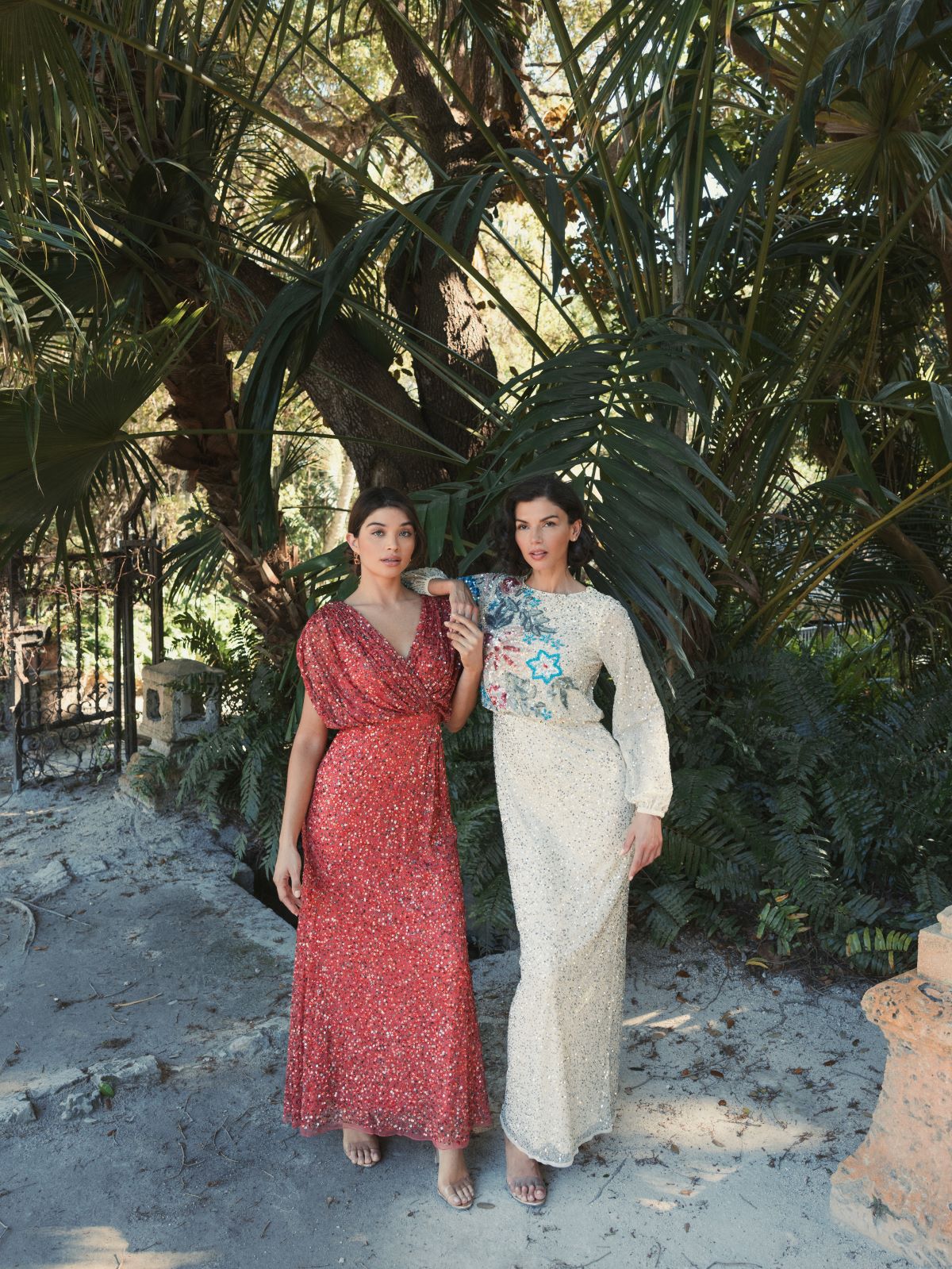 Beige Embellished Floral High Neck Gown