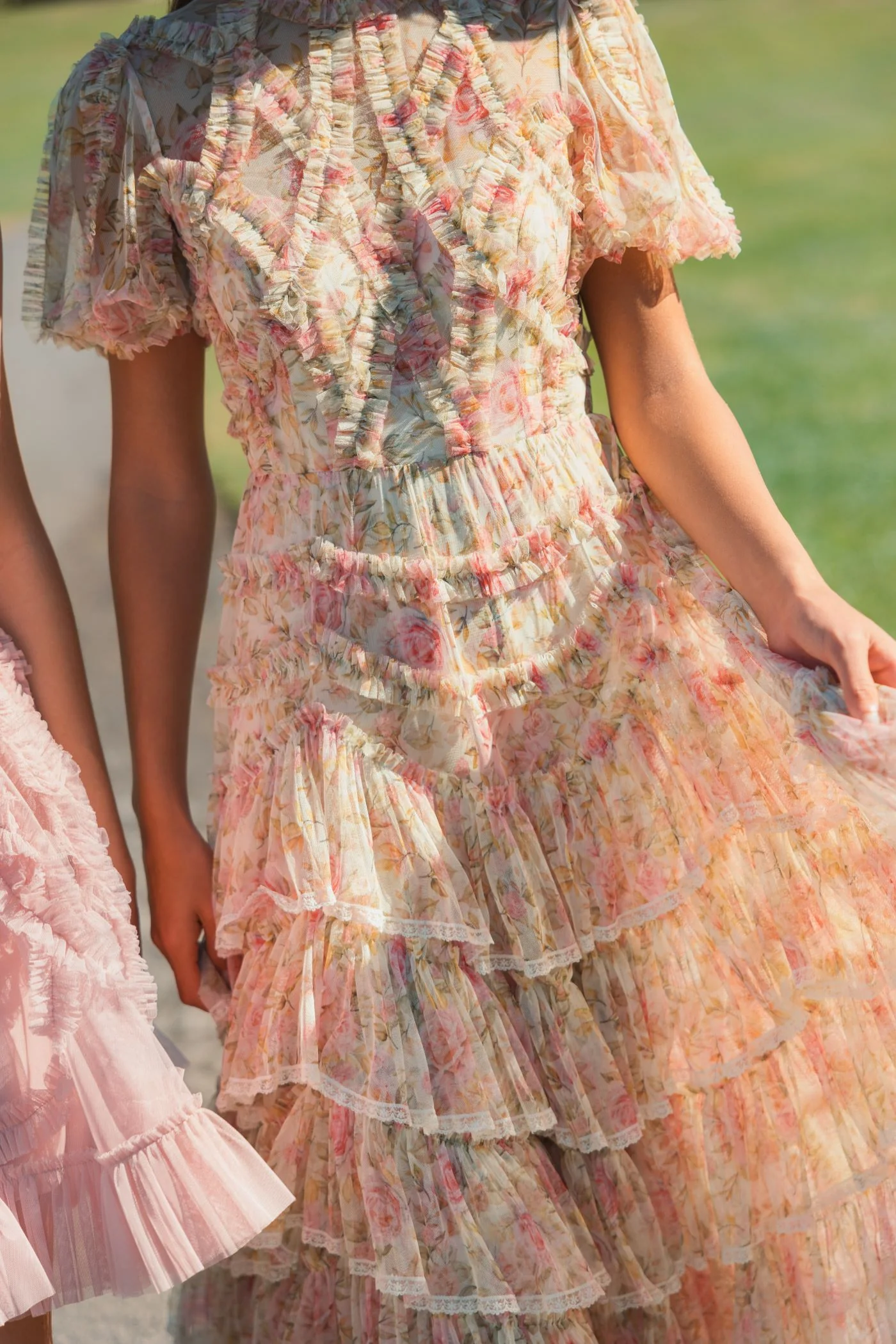 Beige Lace Trim Printed Mesh High Neck Midi Dress