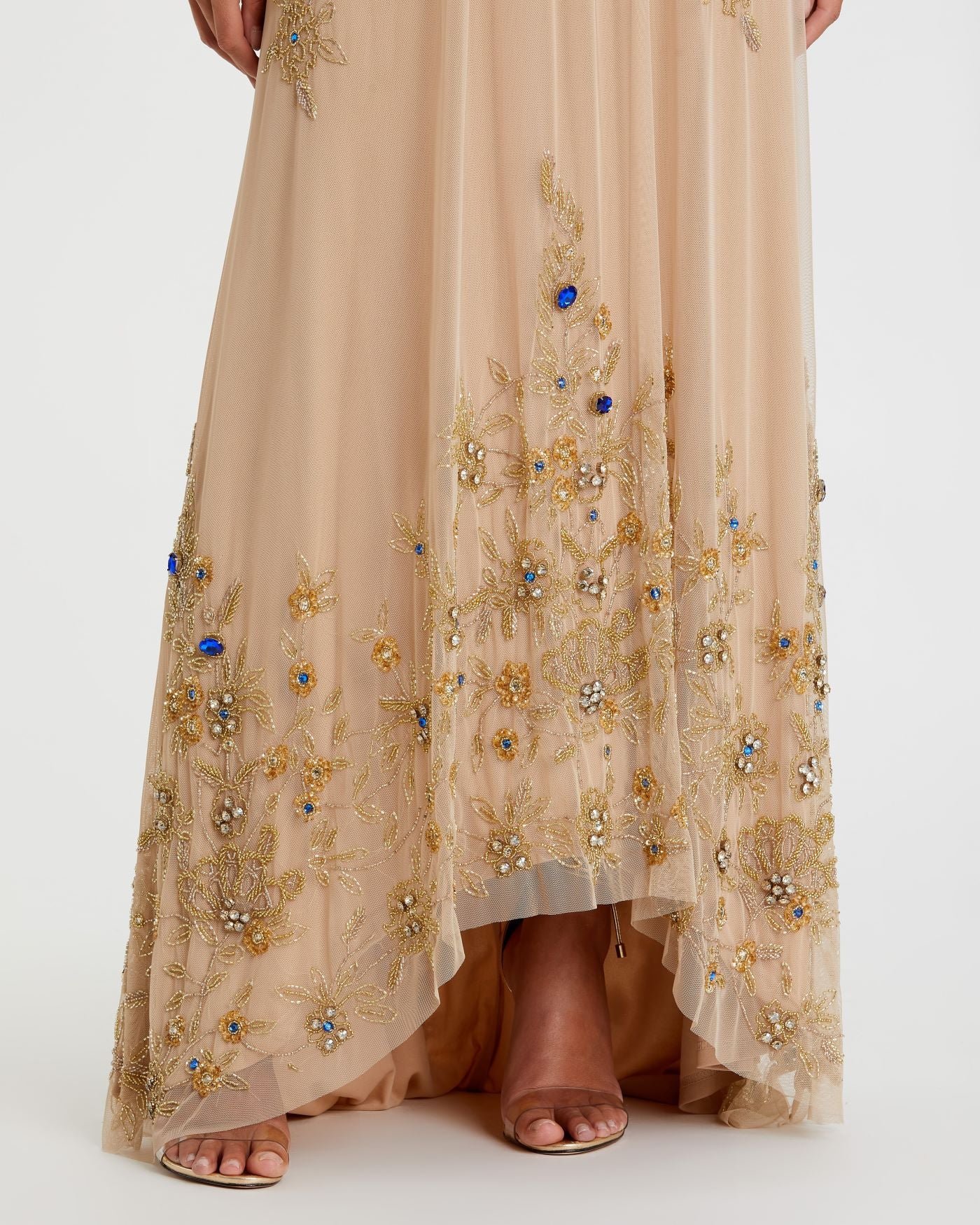 Beige High Neck Floral Embellished Trapeze Gown
