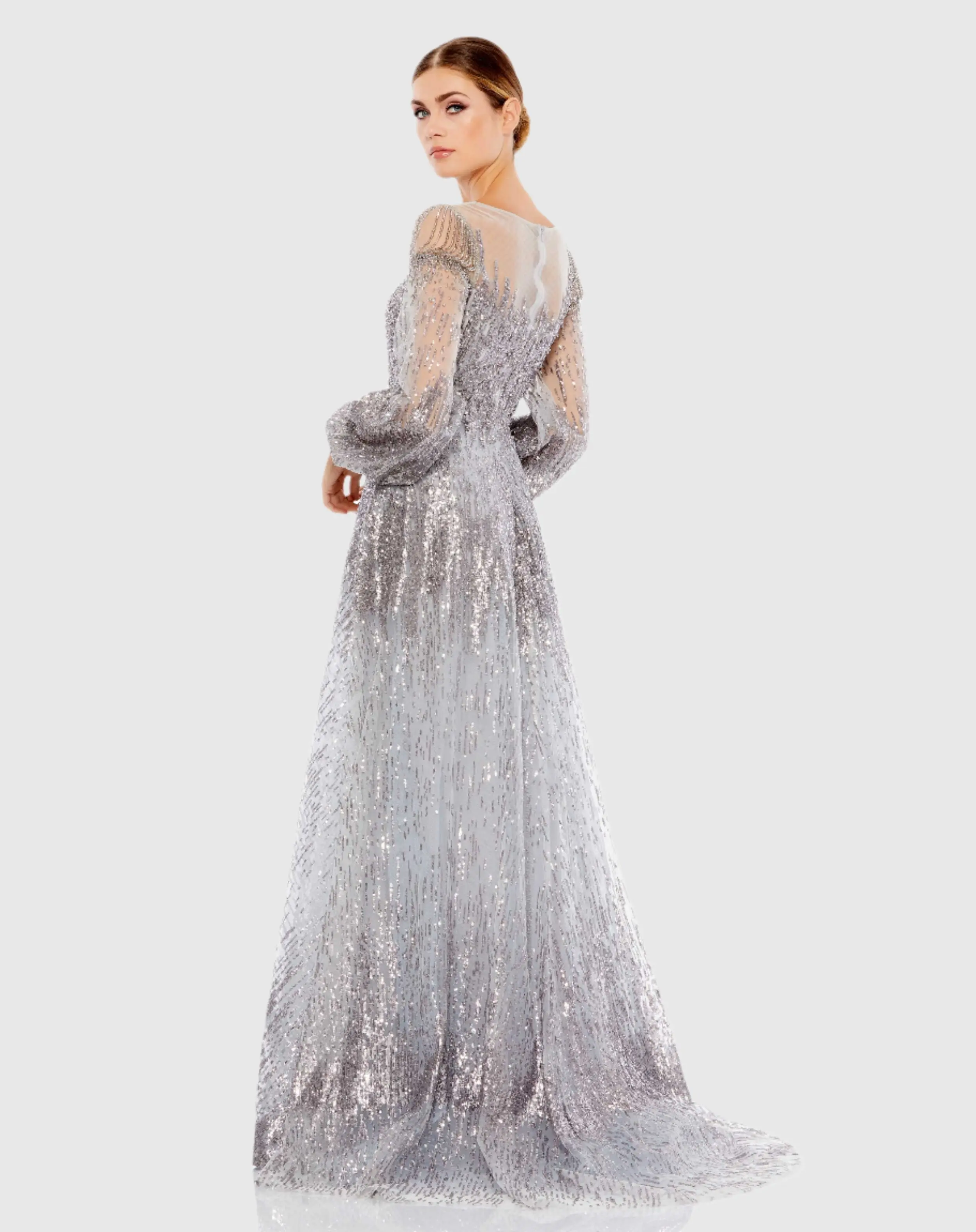 Silver Jewel Encrusted Illusion Long Sleeve A Line Gown