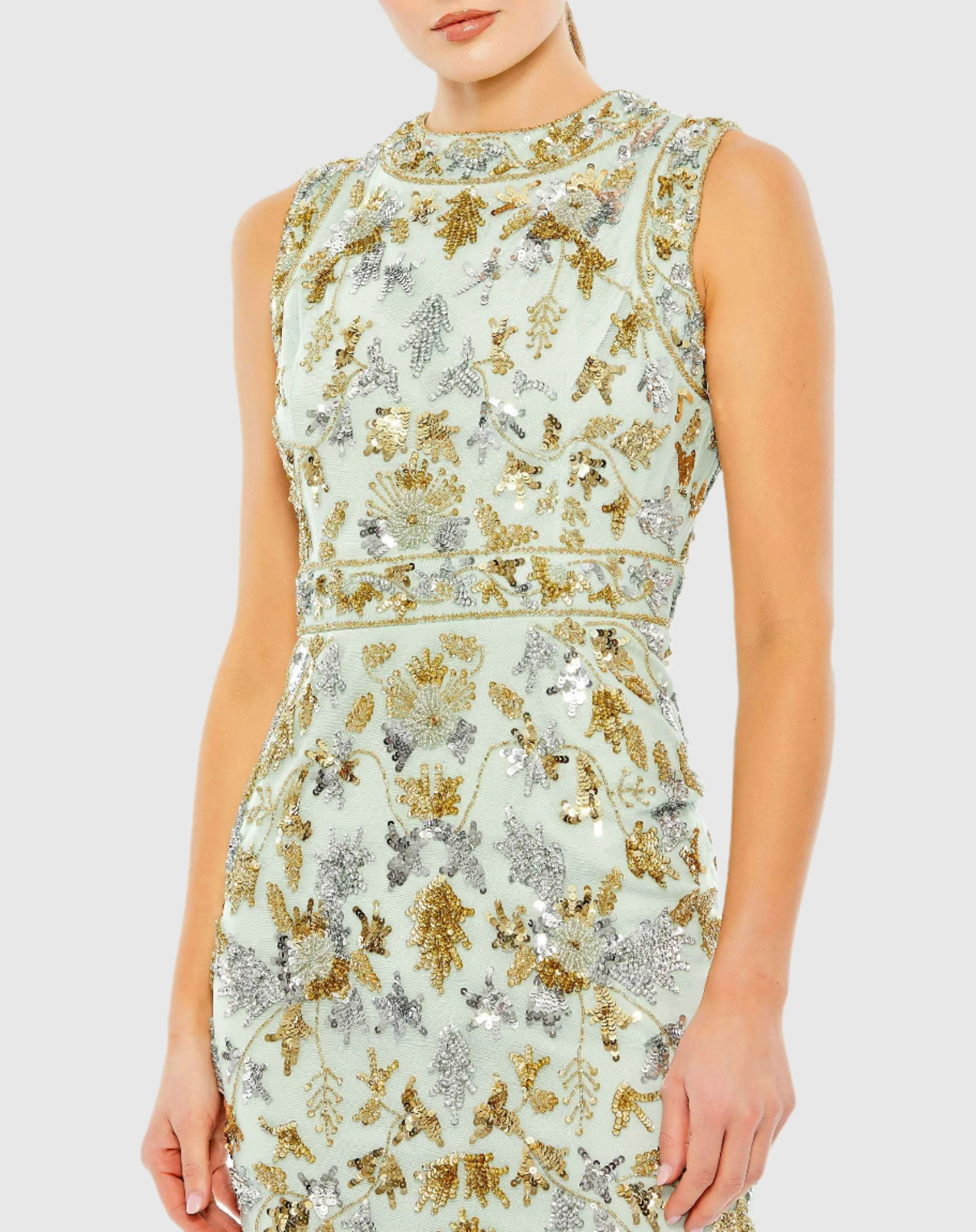 Green Embellished High Neck Sleeveless Sheath Midi Dress