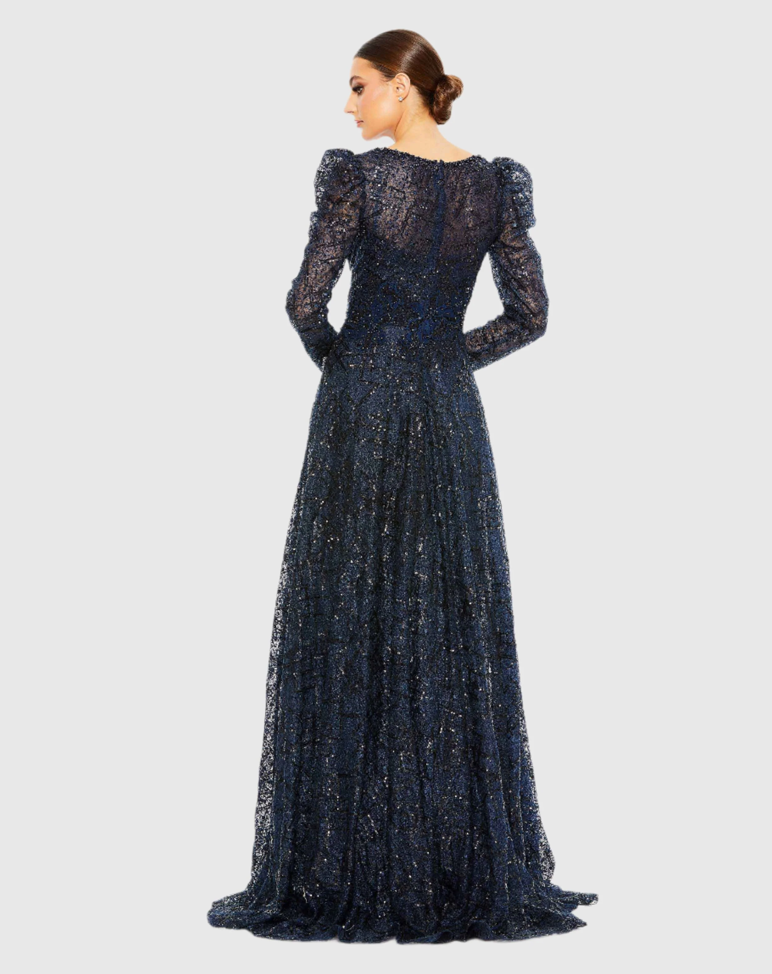 Navy Embellished V Neck Long Sleeve A Line Gown
