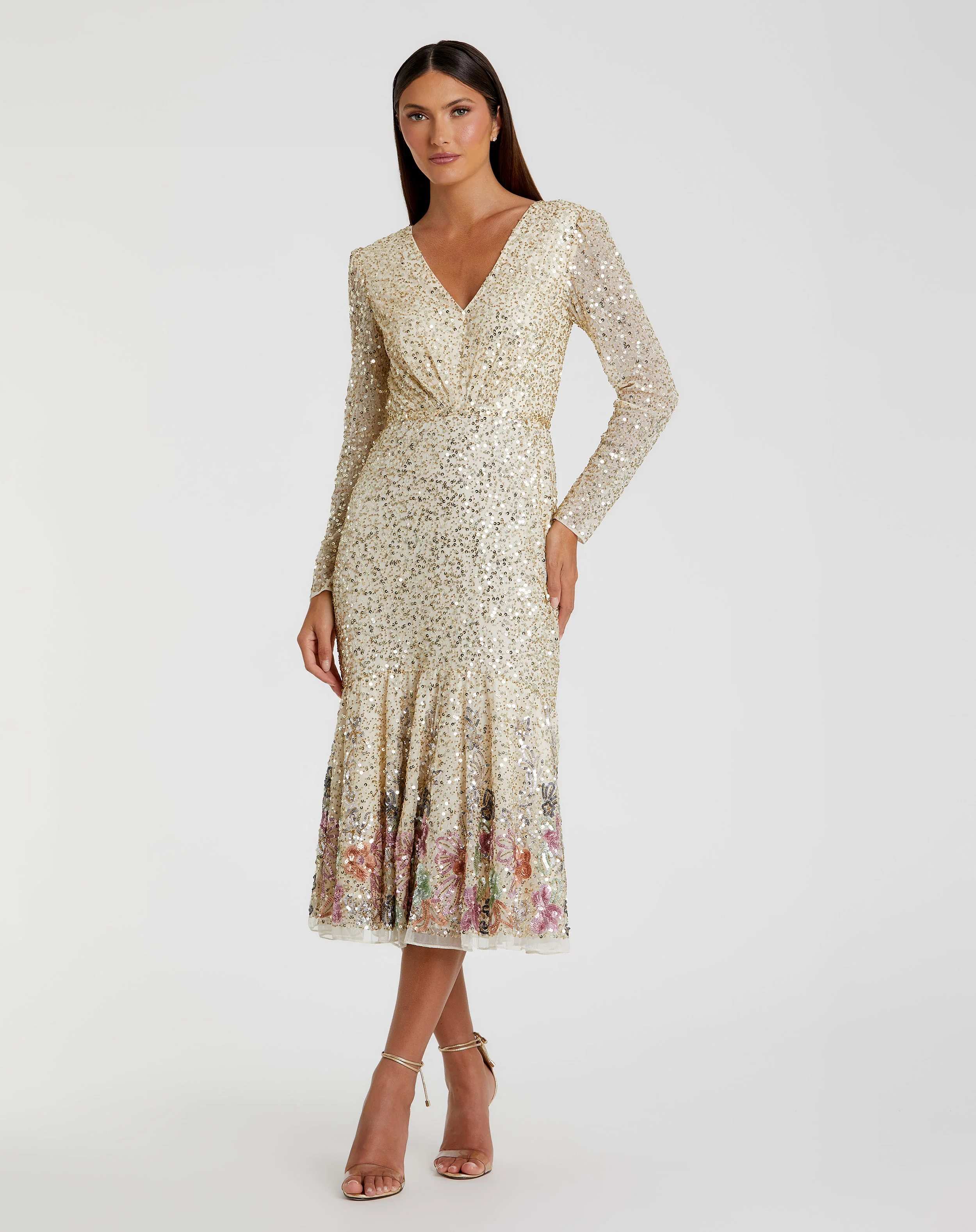 Gold Multicolor Faux Wrap Long Sleeve Tea Length Dress