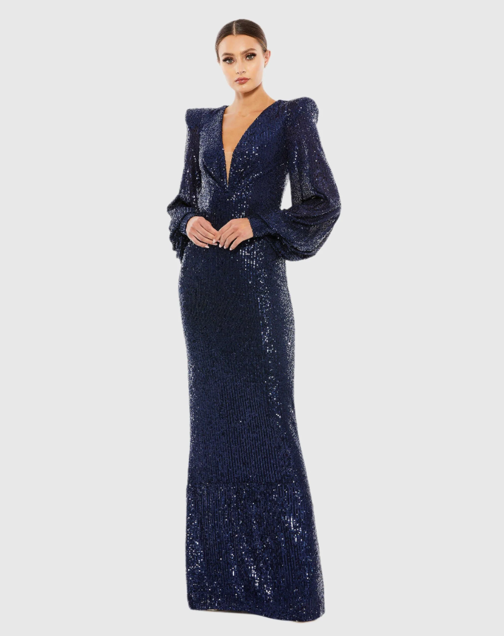 Blue Sequined Plunge Neck Structured Bishop Sleeve Gown