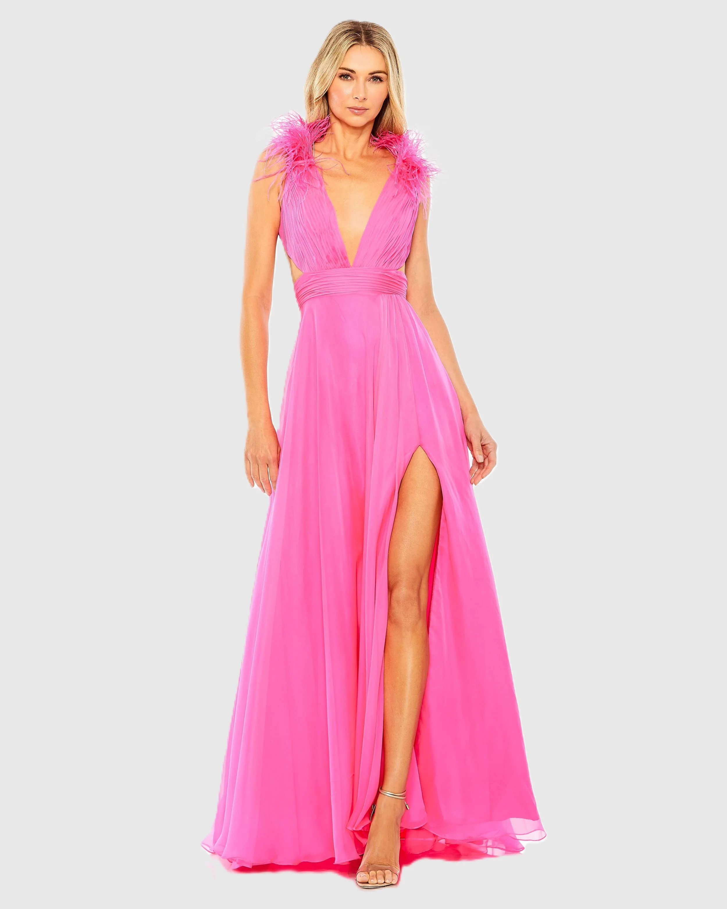 A-Line V Neck Feathered Collar Gown