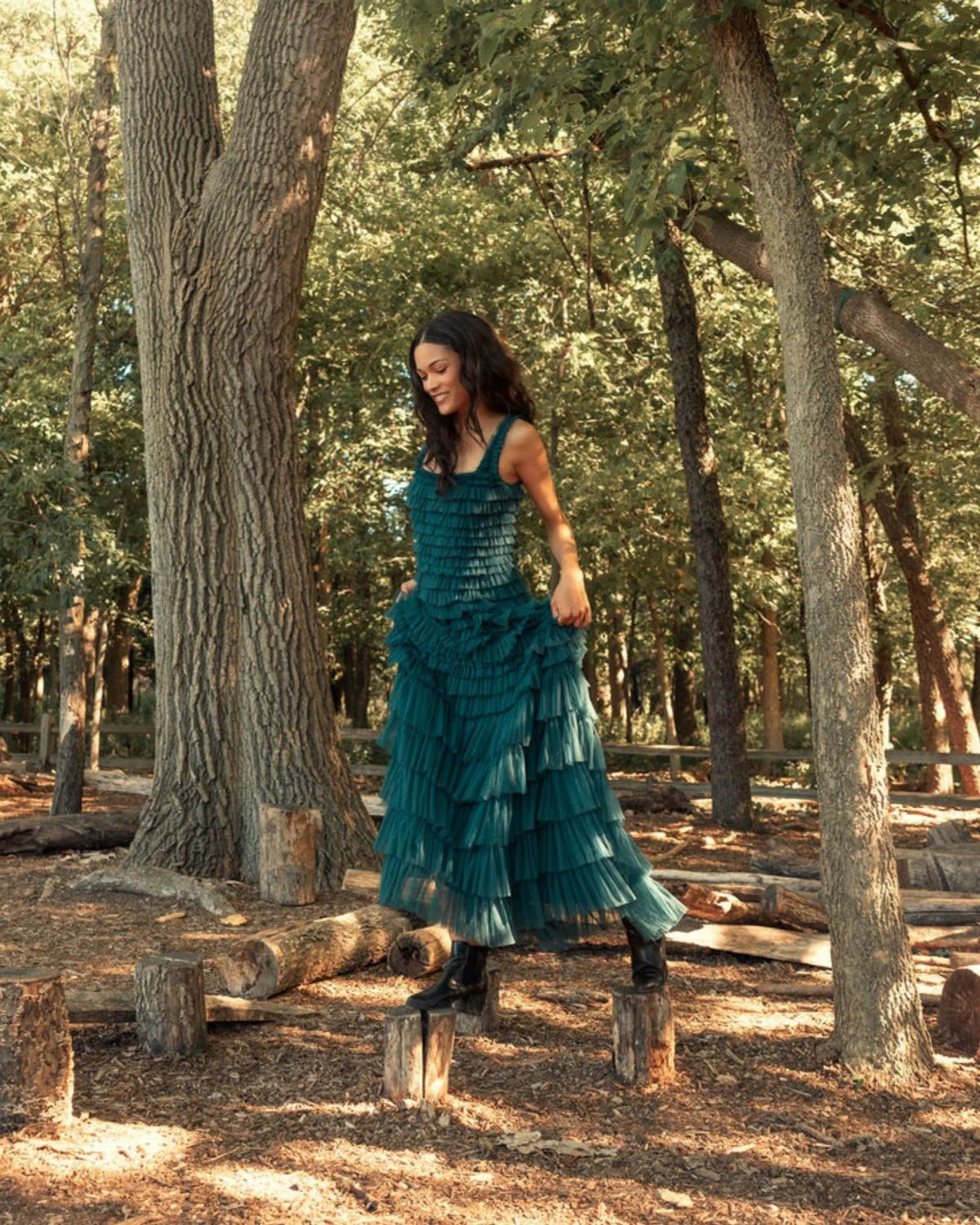 Teal Ruffle Layered Tea Length Dress