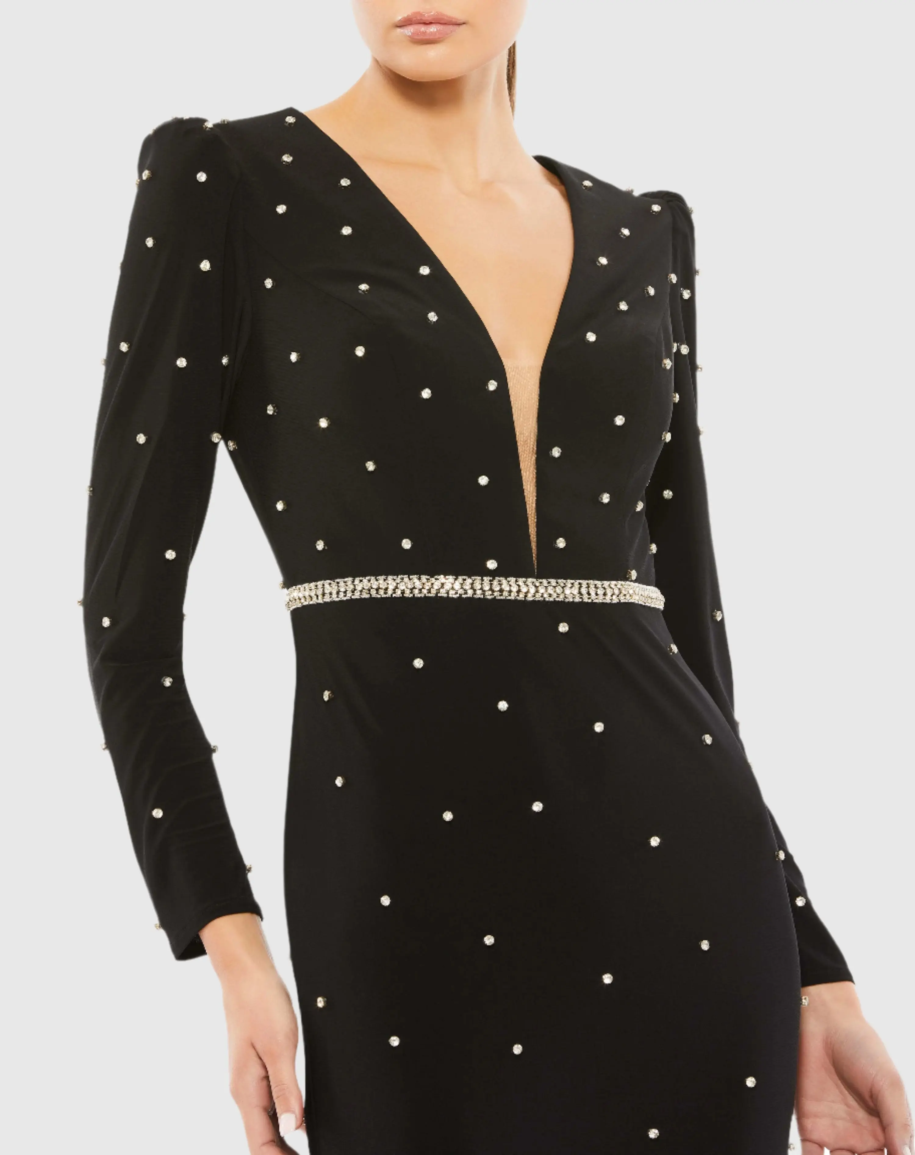 Black Jewel Encrusted Plunge Neck Long Sleeve Gown