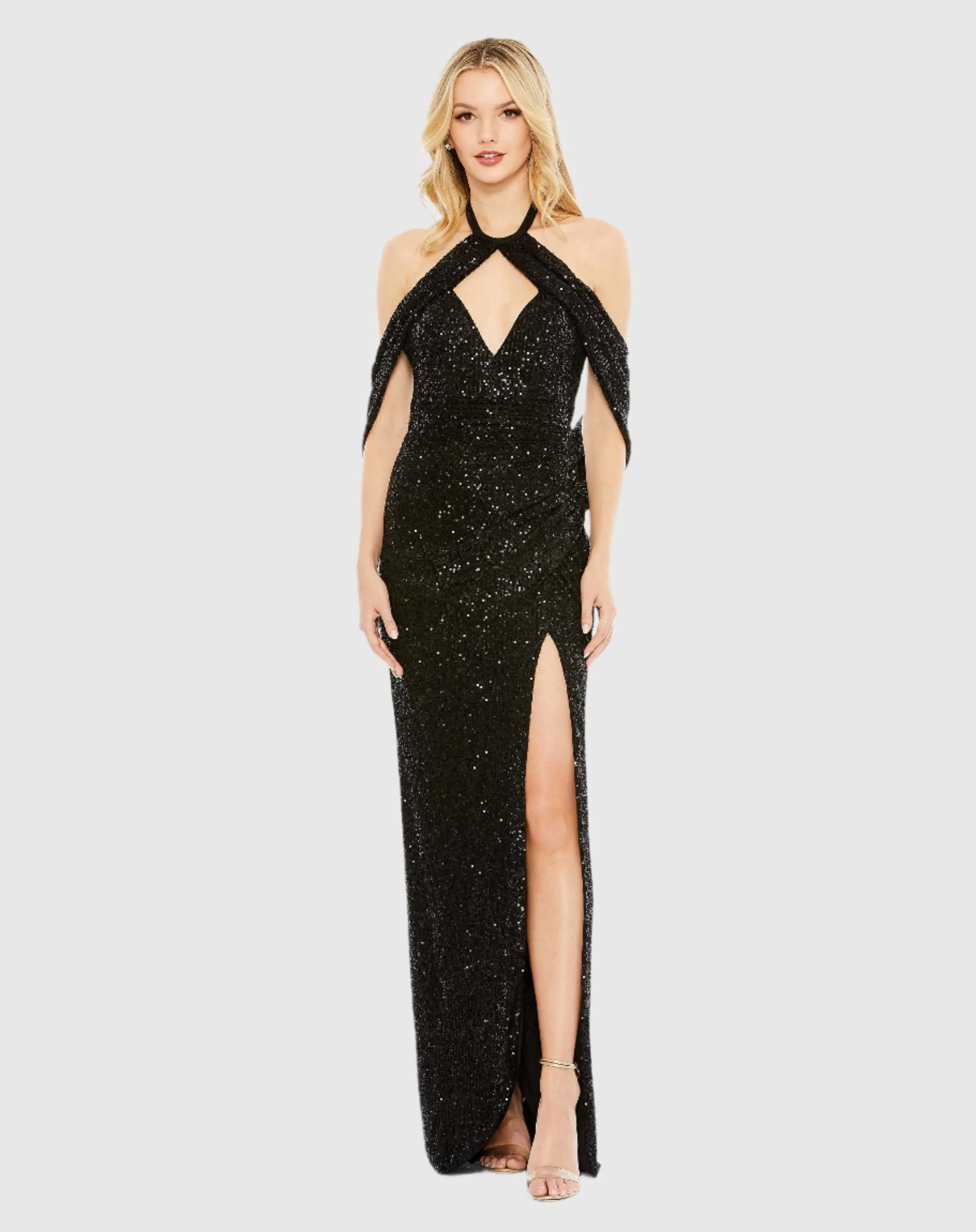Black Sequined Draped Sleeveless Keyhole Cowl Back Gown - FINAL SALE