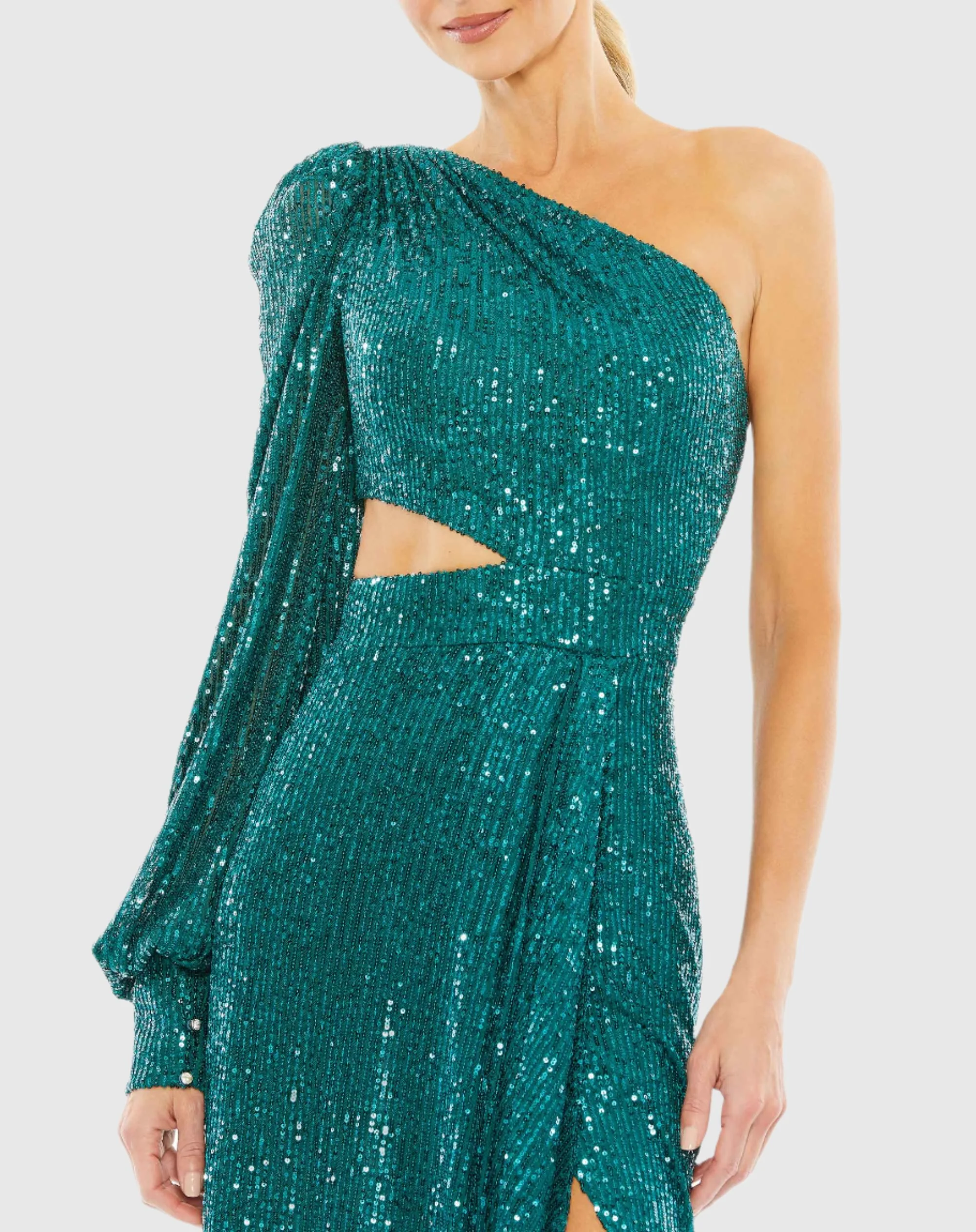 Green Sequined One Shoulder Cut Out Gown