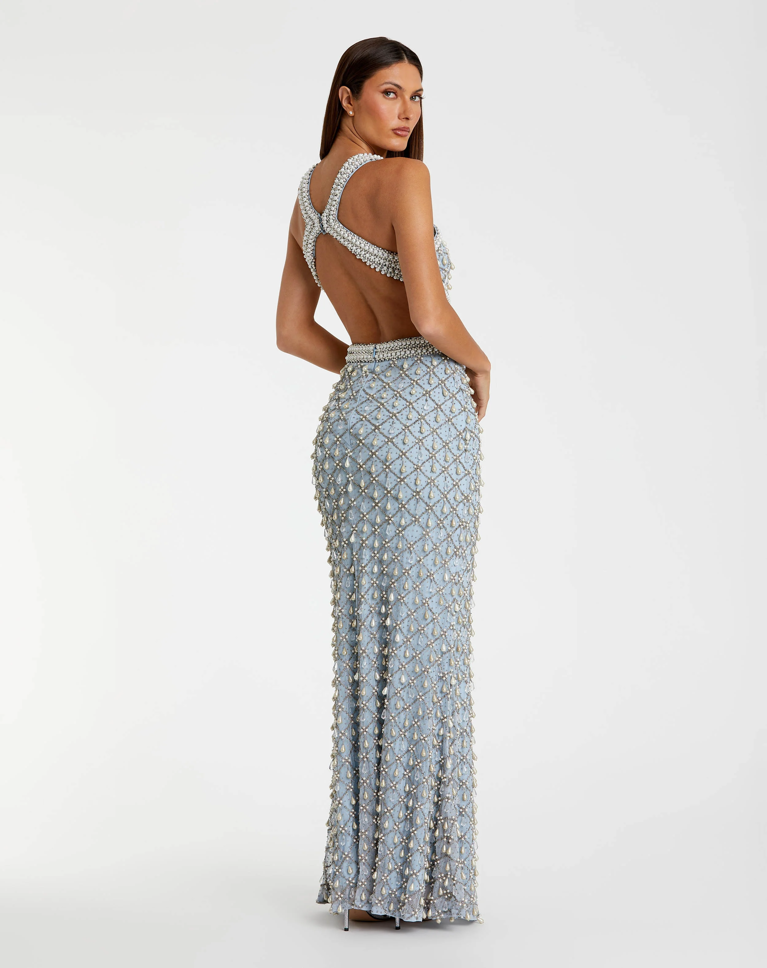 Blue Sleeveless Halter Cutout Pearl Embellished Gown