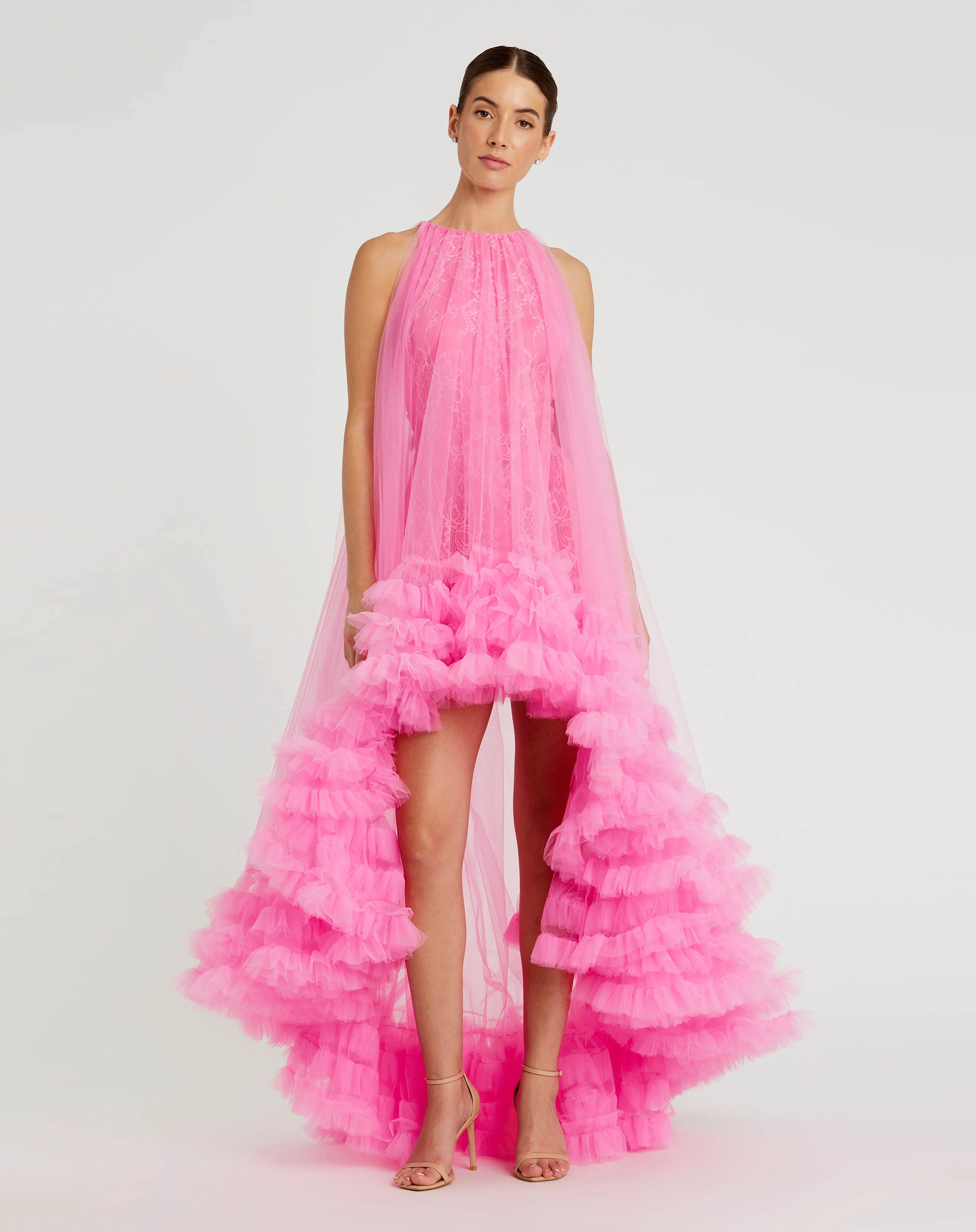 Pink Tulle High Neck Sleeveless Ruffled Hem Hi-Low Gown