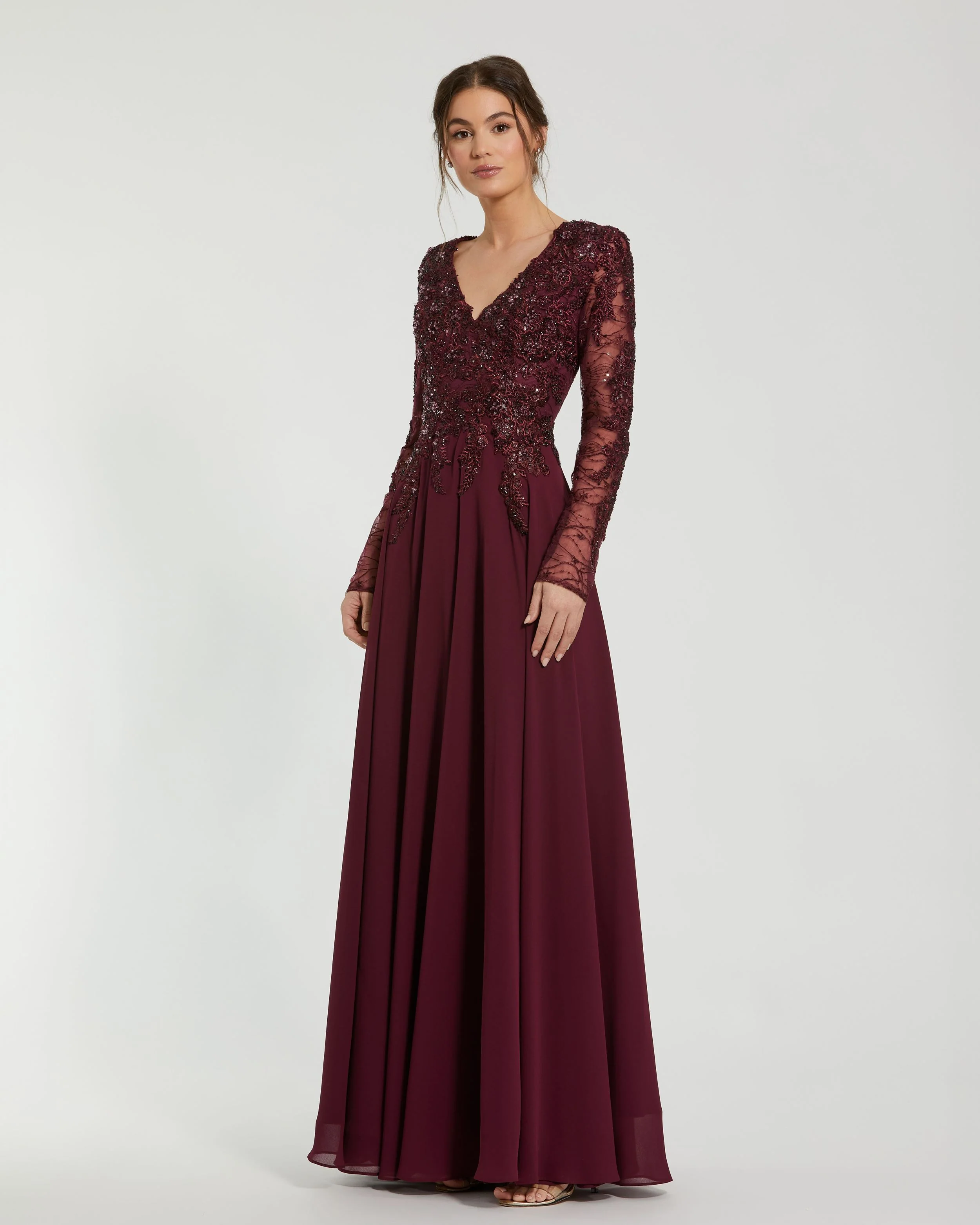 Embellished Illusion V Neck Long Sleeve Gown
