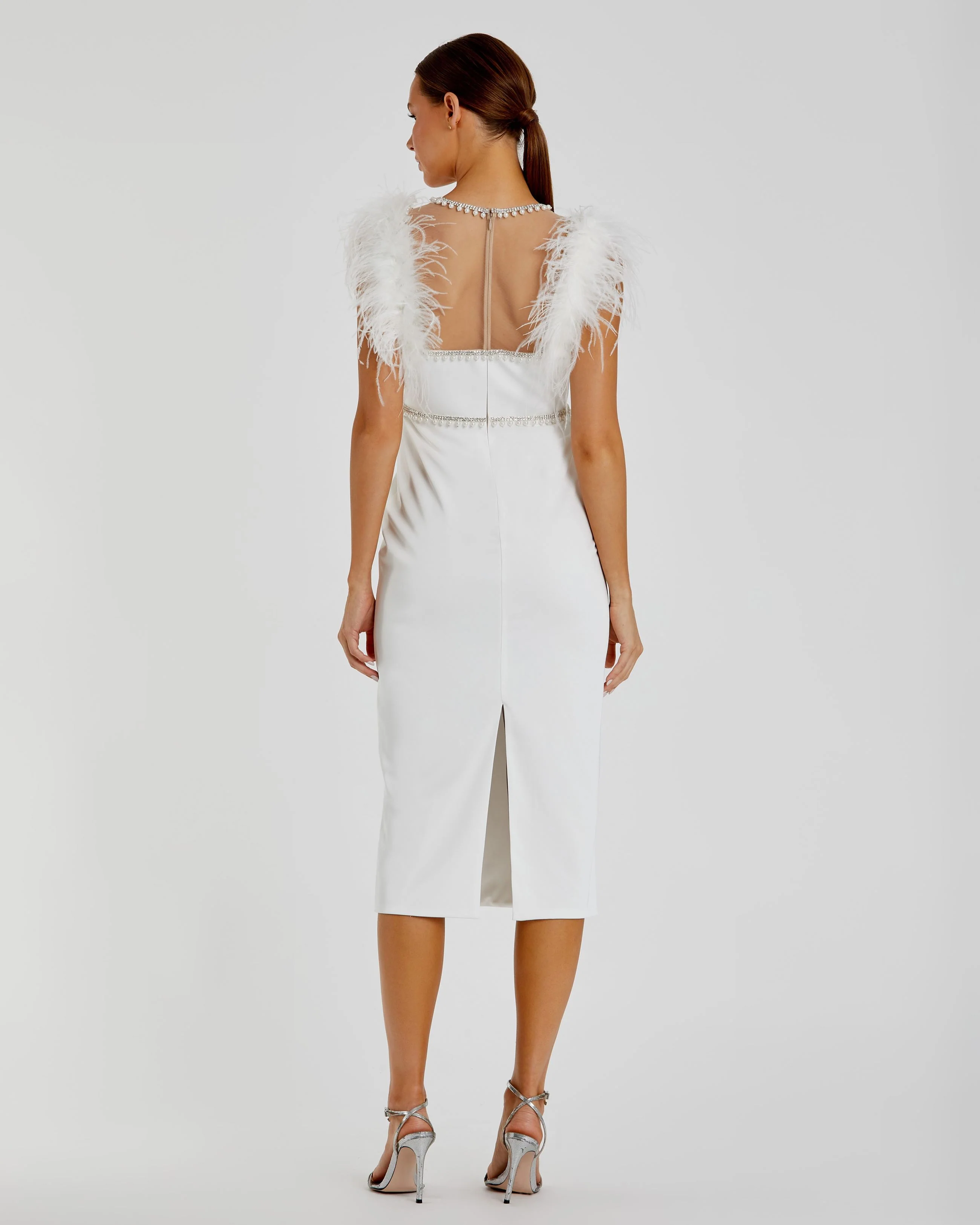 White Feather Cap Sleeve Pearl Embellished Tea-length Fit Dress