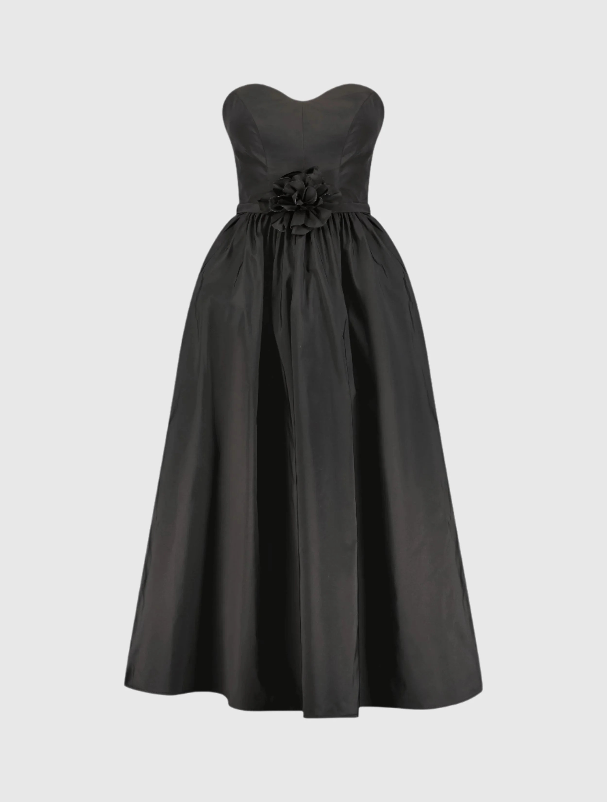 Black Faille Strapless A Line Midi Dress With 3D Rose