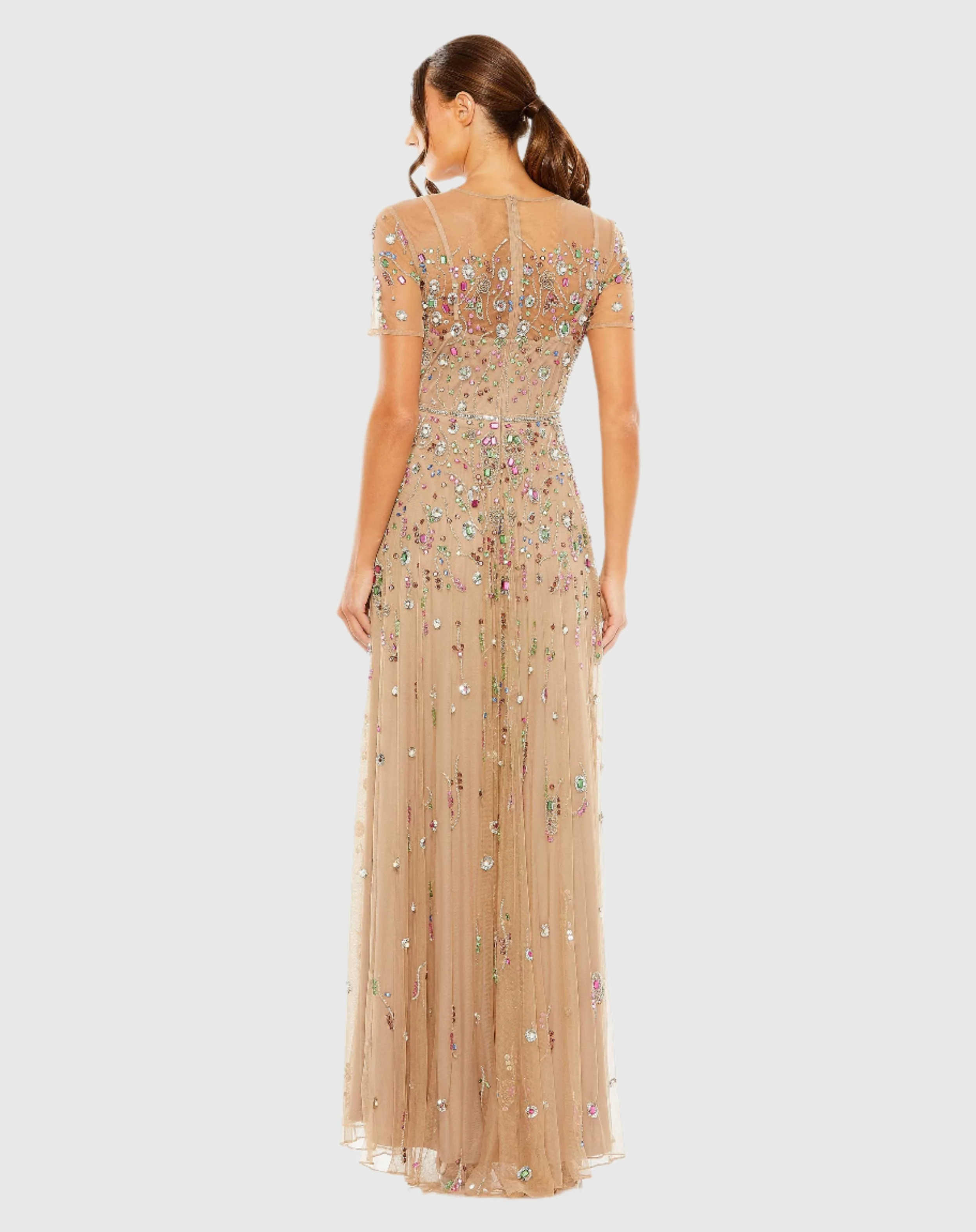 Short Sleeve High Neck  Embellished Sequin Detail A-Line Gown